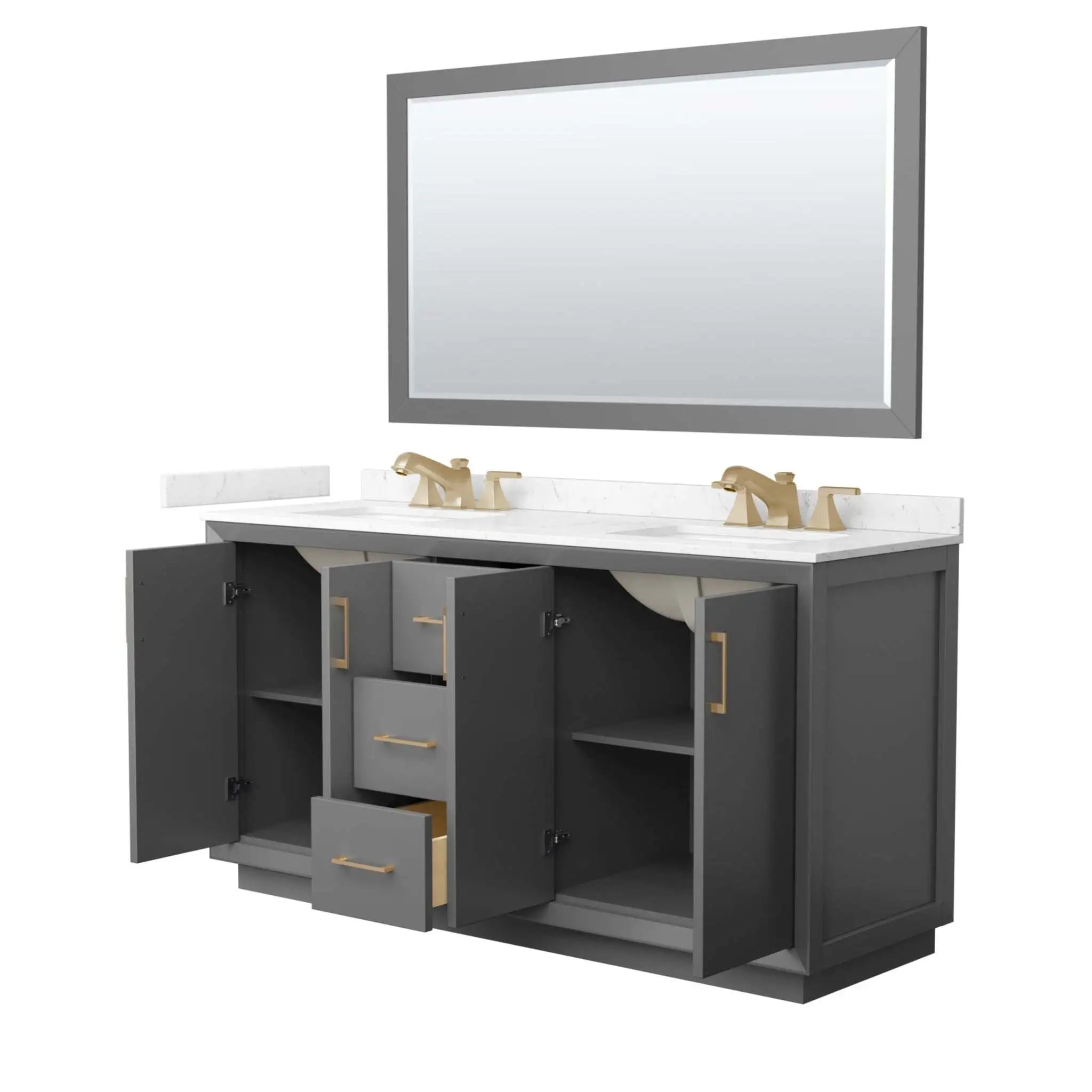 66" Strada Double Bathroom Vanity in Dark Gray with Satin Bronze Trim & 58" Mirror by Wyndham