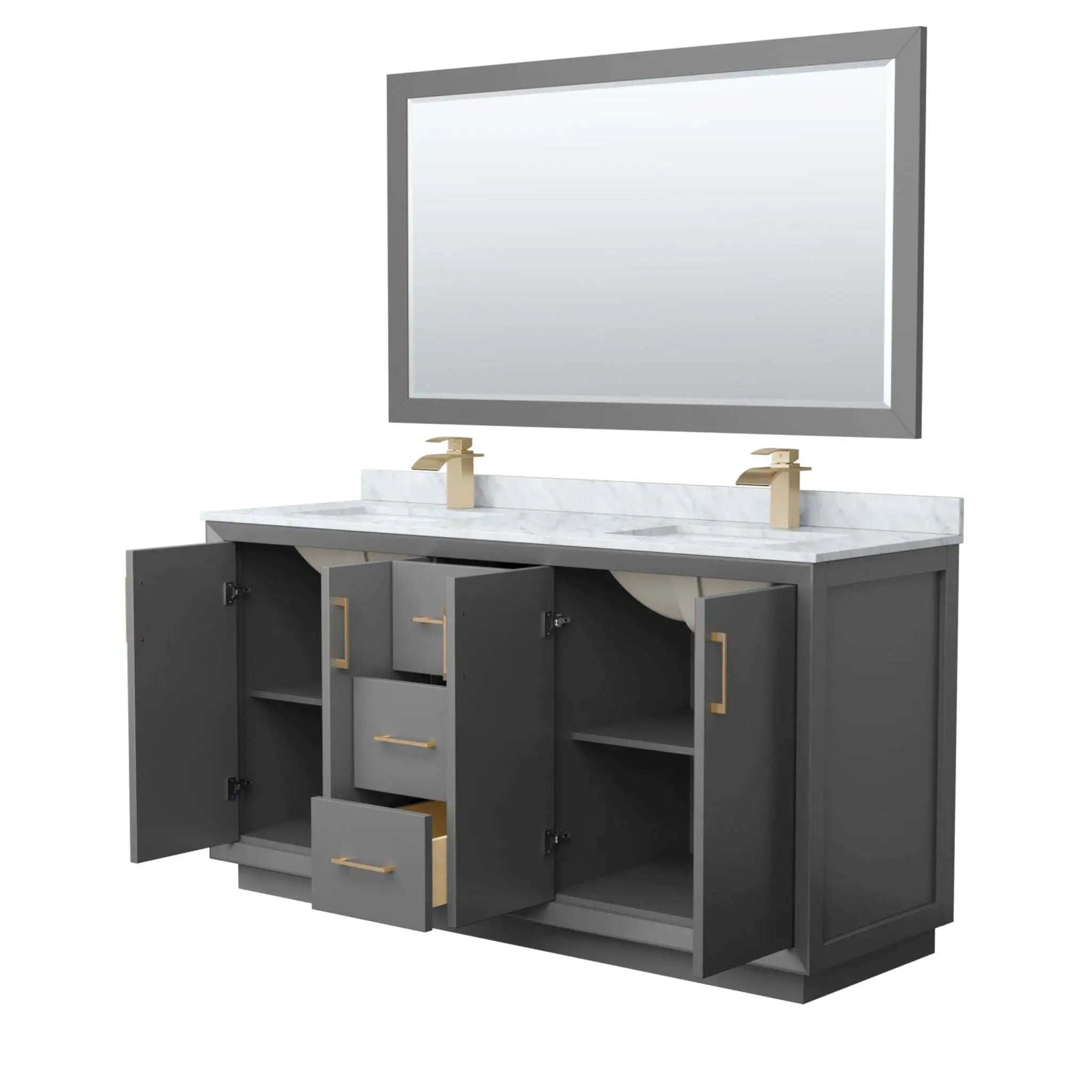 66" Strada Double Bathroom Vanity in Dark Gray with Satin Bronze Trim & 58" Mirror by Wyndham