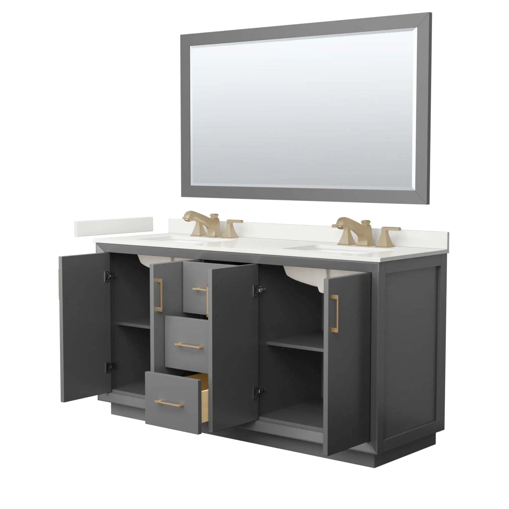 66" Strada Double Bathroom Vanity in Dark Gray with Satin Bronze Trim & 58" Mirror by Wyndham