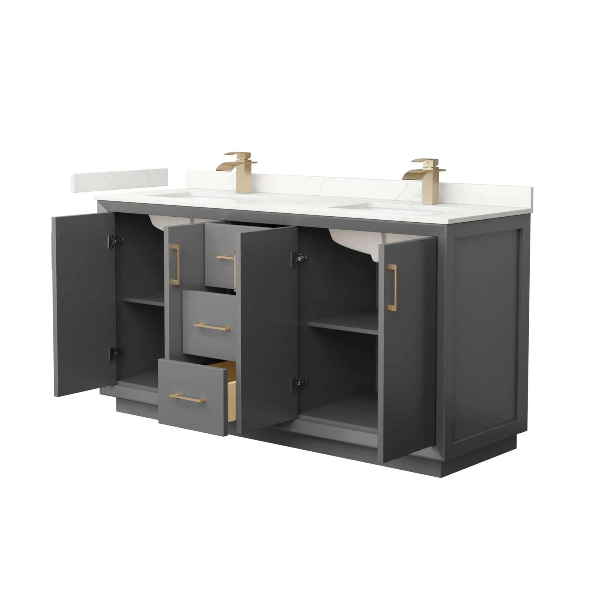 66" Strada Double Bathroom Vanity in Dark Gray with Satin Bronze Trim by Wyndham