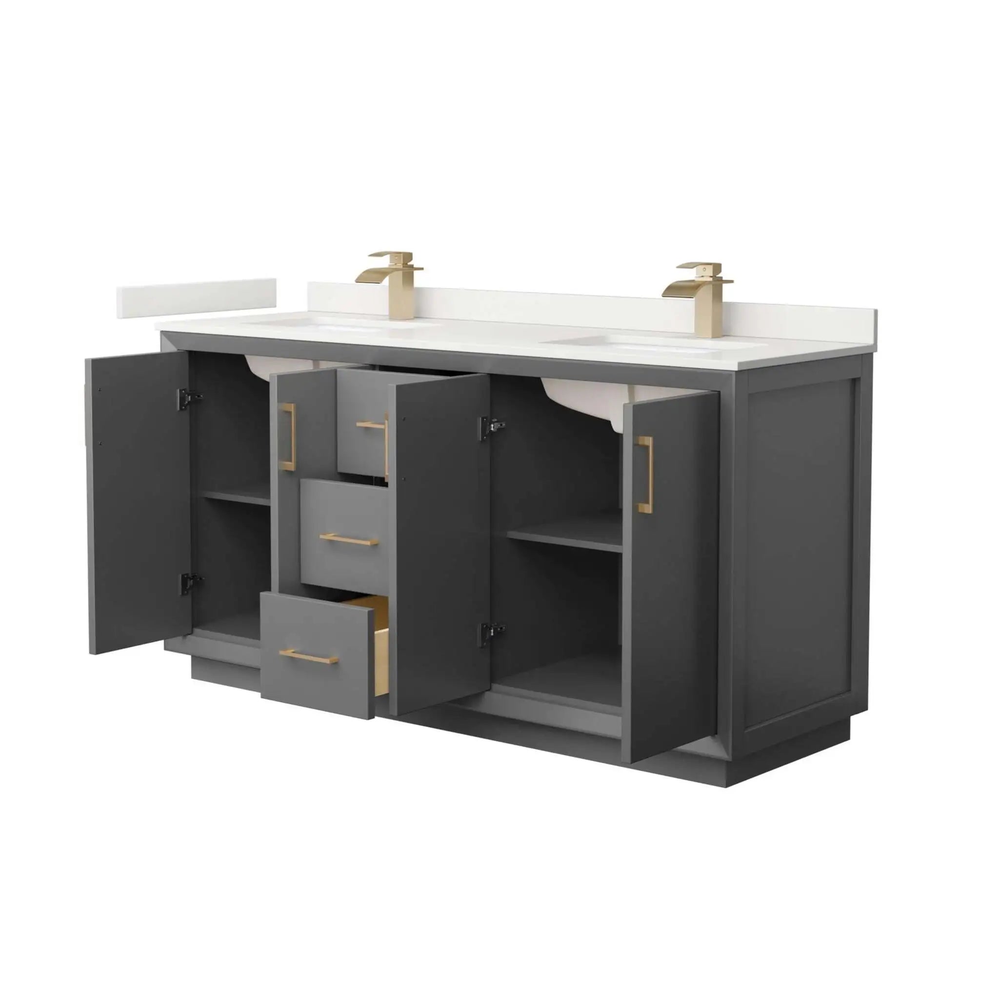 66" Strada Double Bathroom Vanity in Dark Gray with Satin Bronze Trim by Wyndham
