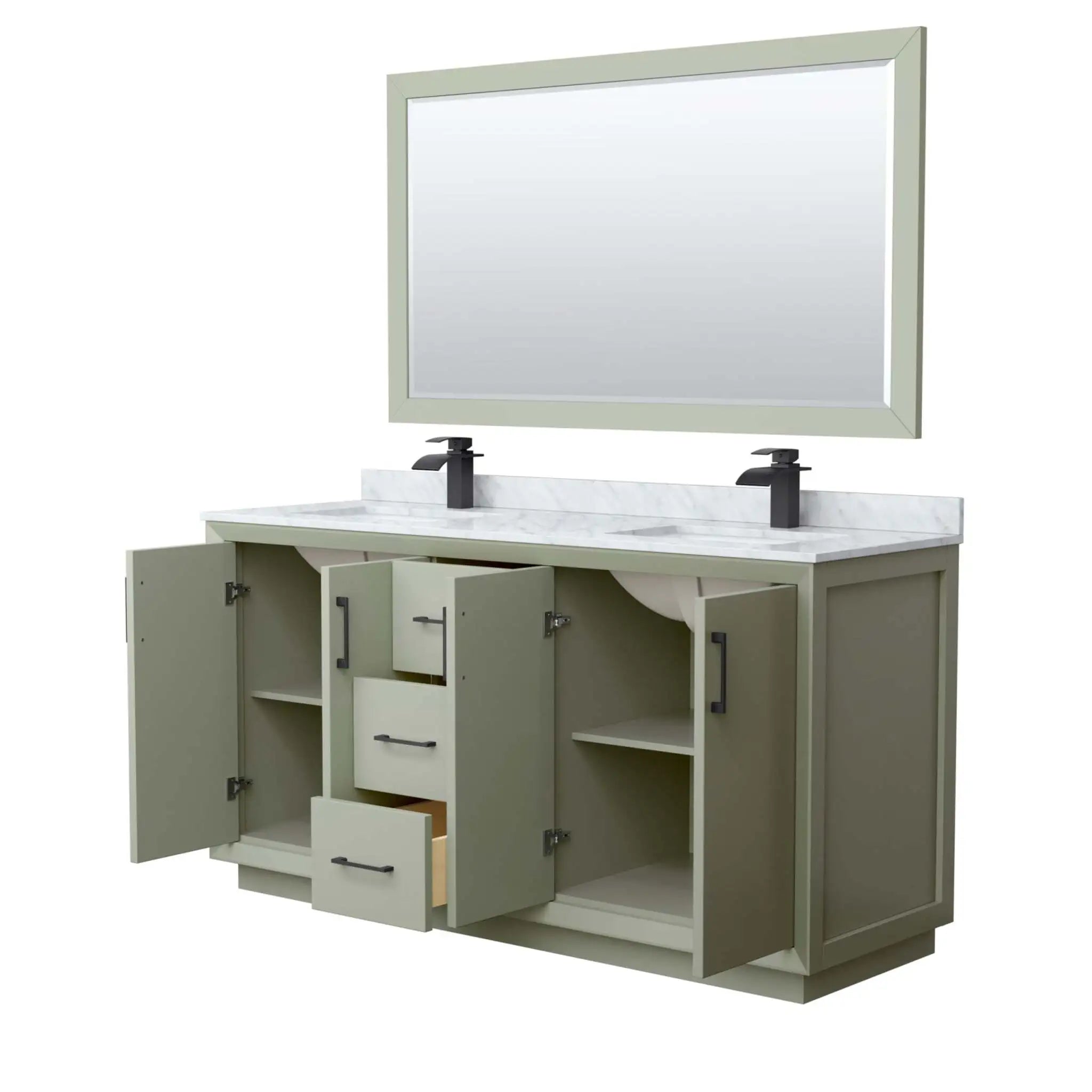 66" Strada Double Bathroom Vanity in Light Green with Matte Black Trim & 58" Mirror by Wyndham