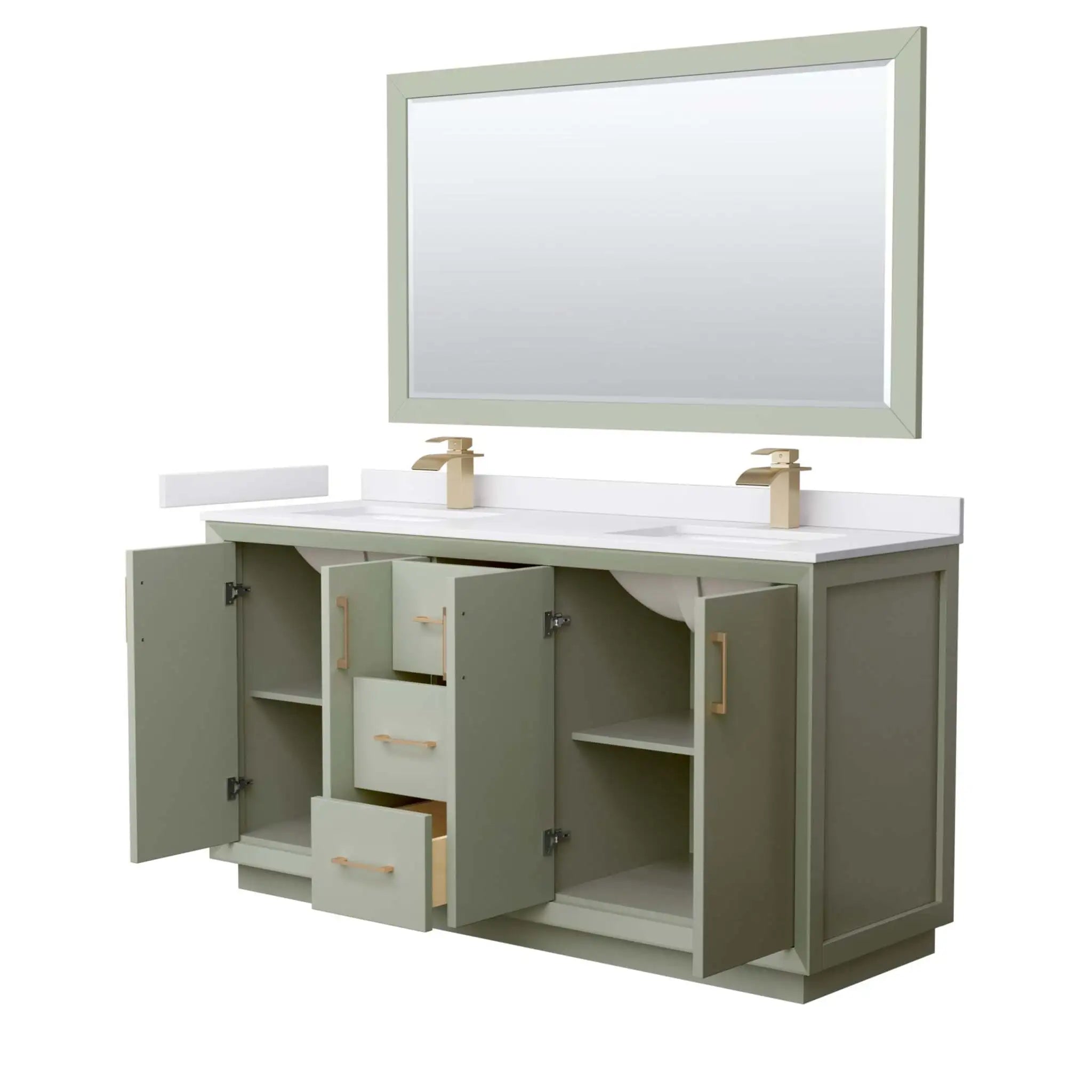 66" Strada Double Bathroom Vanity in Light Green with Satin Bronze Trim & 58" Mirror by Wyndham