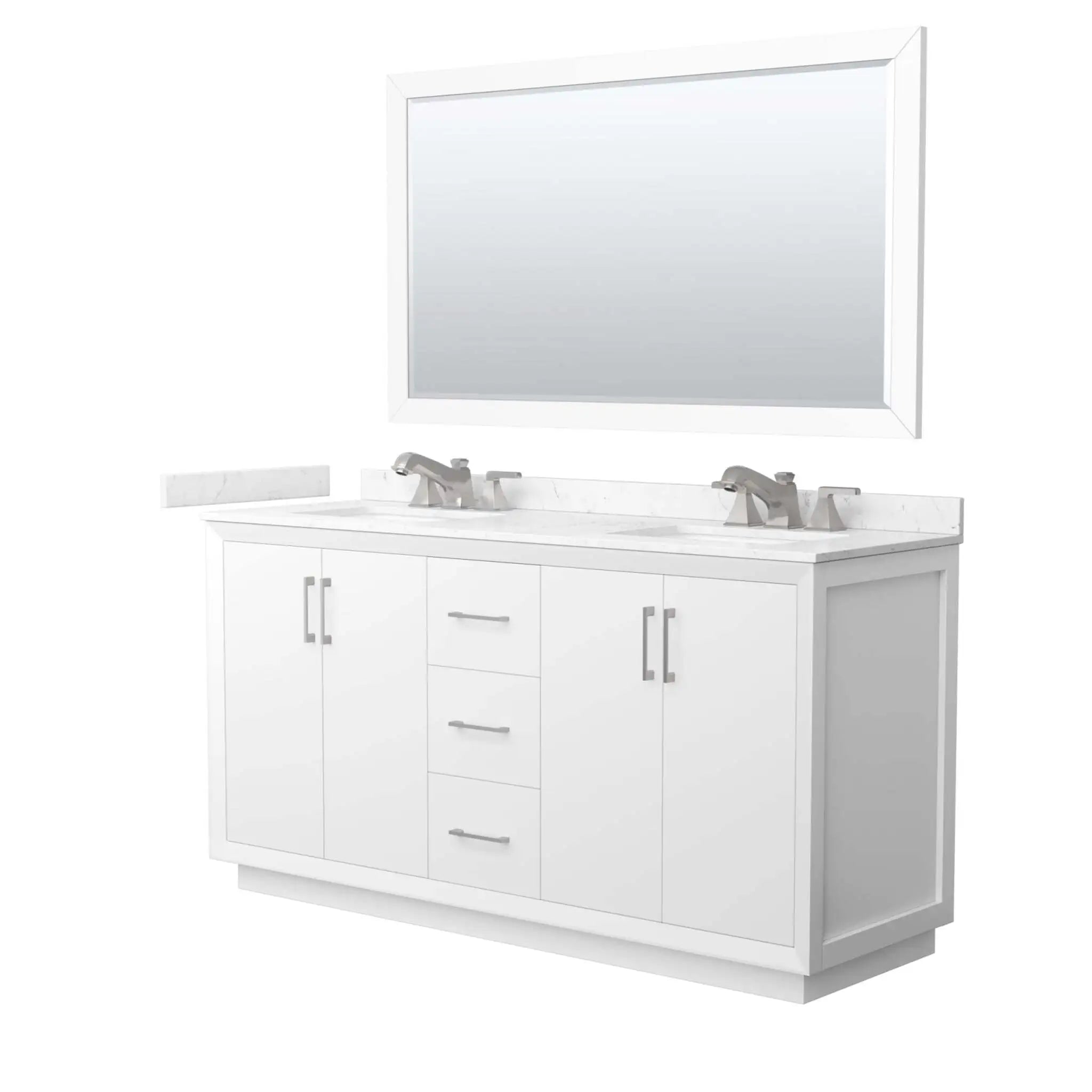 66" Strada Double Bathroom Vanity in White with Brushed Nickel Trim & 58" Mirror by Wyndham