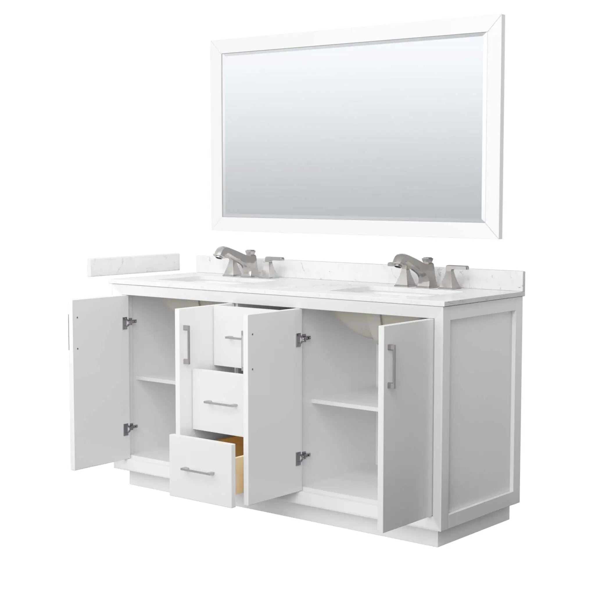 66" Strada Double Bathroom Vanity in White with Brushed Nickel Trim & 58" Mirror by Wyndham