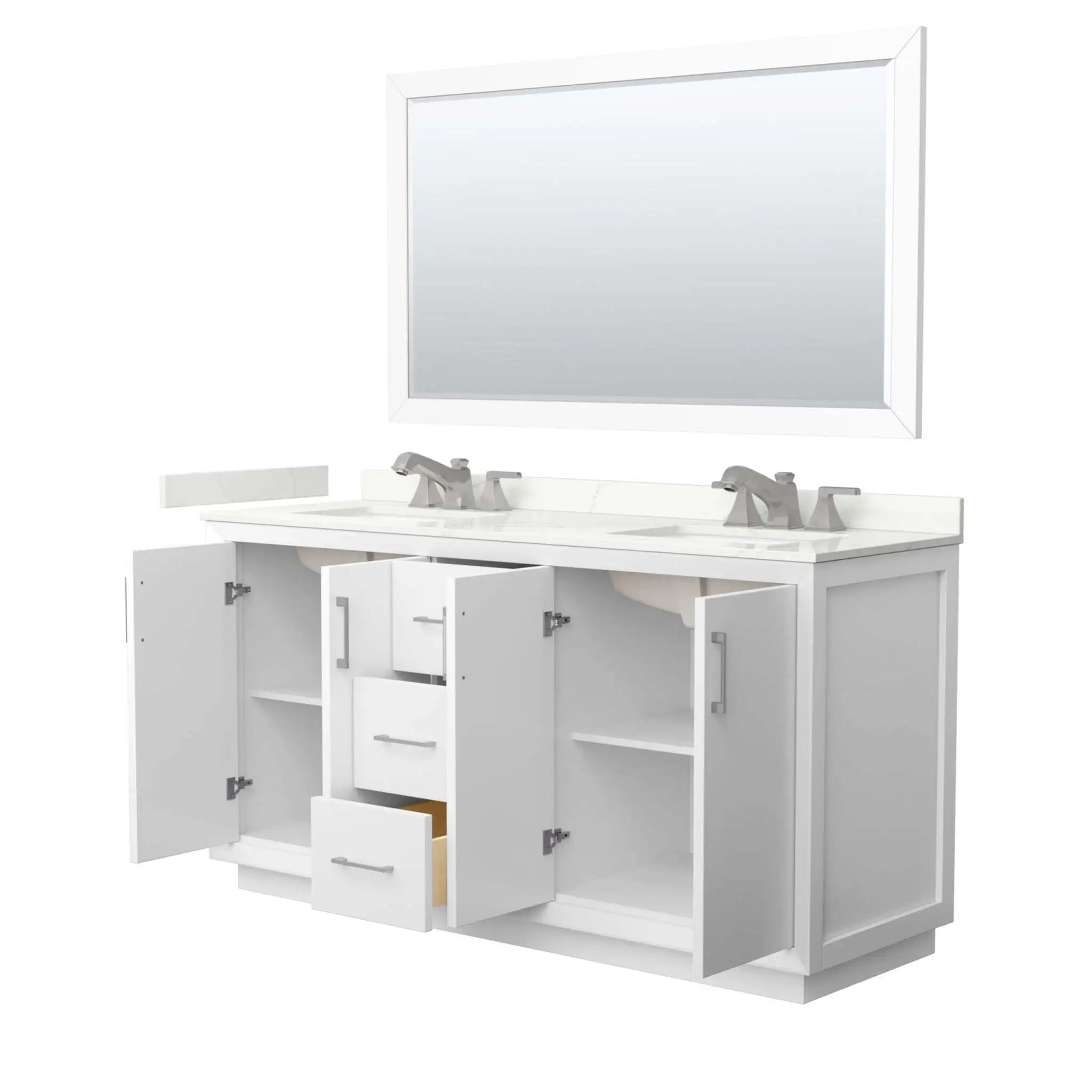 66" Strada Double Bathroom Vanity in White with Brushed Nickel Trim & 58" Mirror by Wyndham