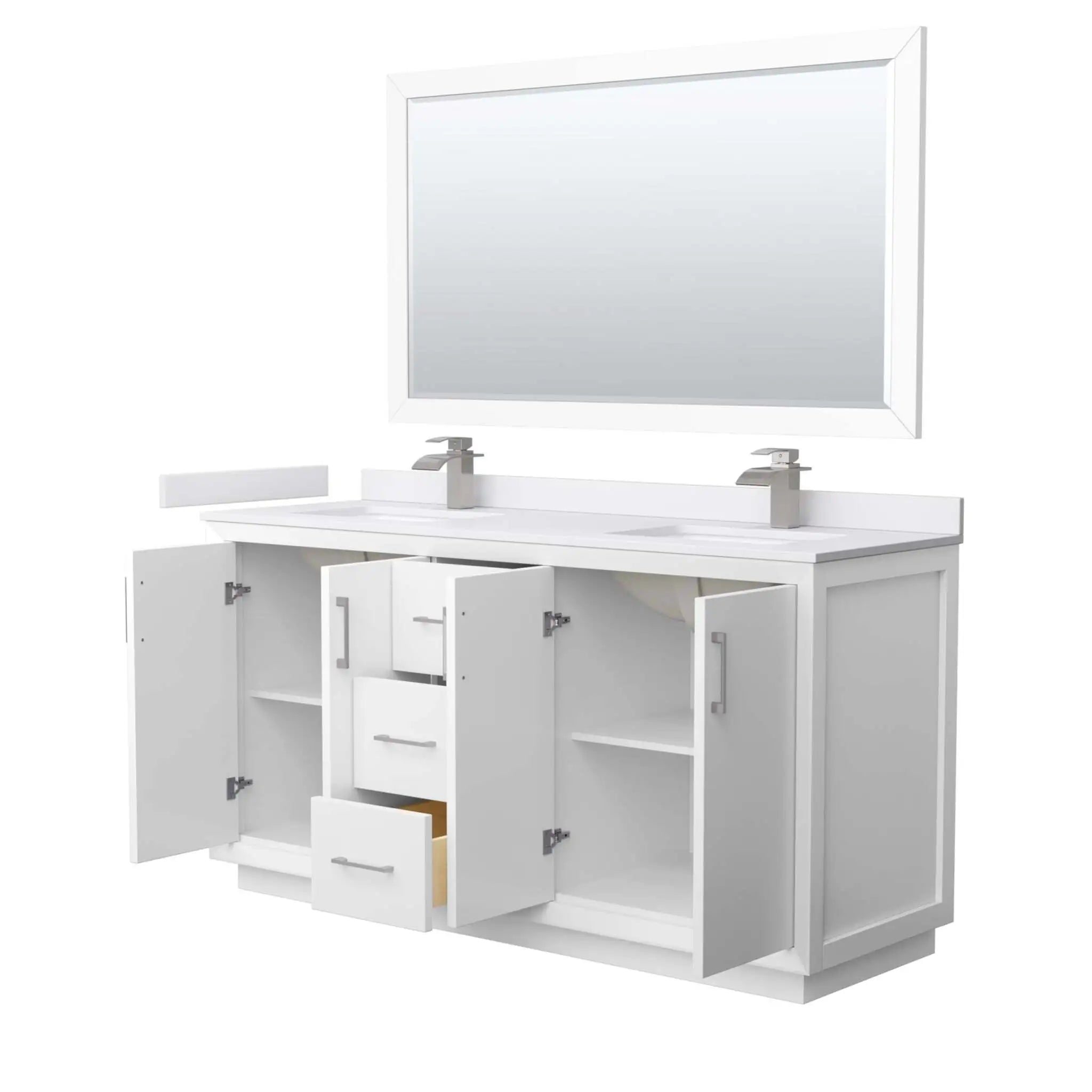 66" Strada Double Bathroom Vanity in White with Brushed Nickel Trim & 58" Mirror by Wyndham