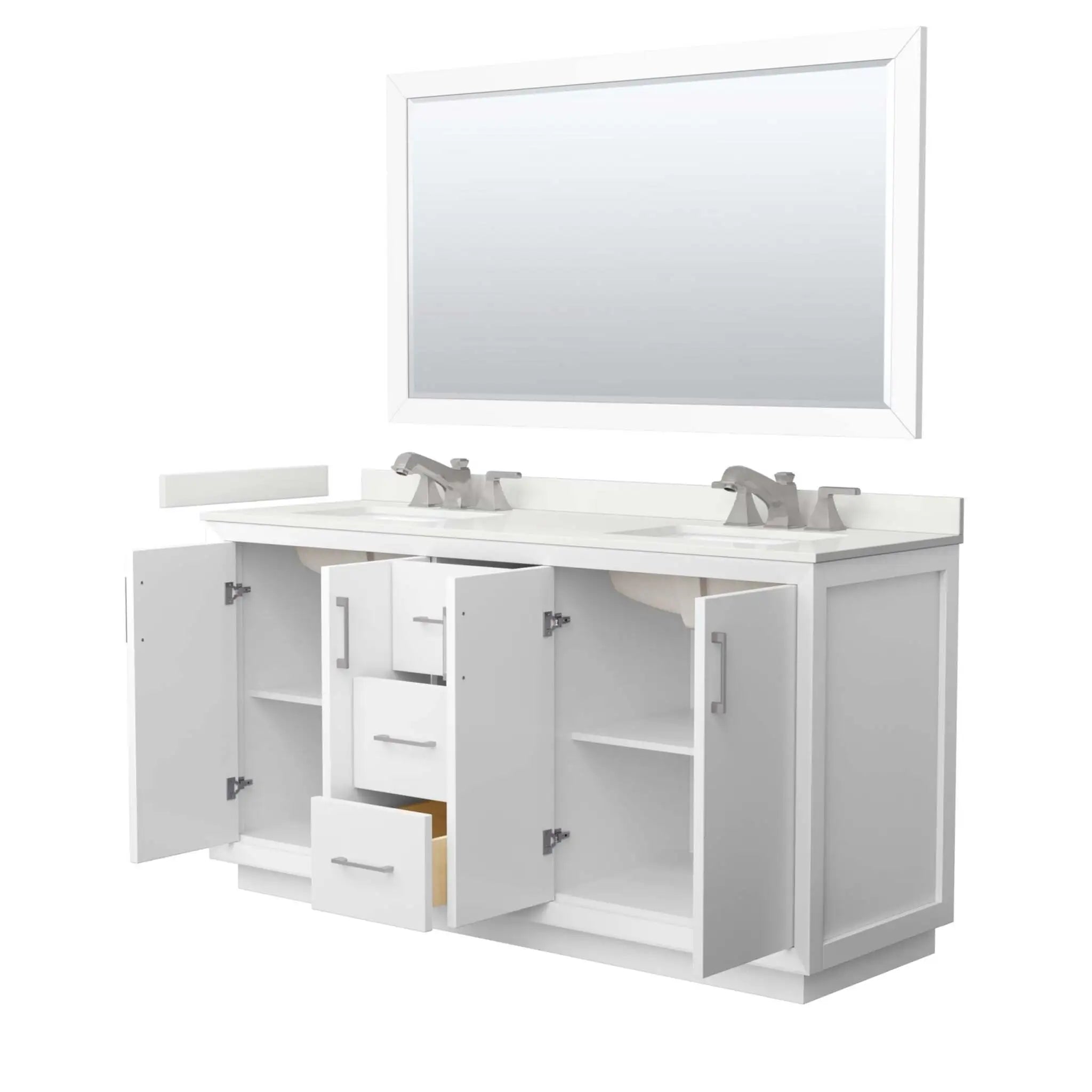 66" Strada Double Bathroom Vanity in White with Brushed Nickel Trim & 58" Mirror by Wyndham