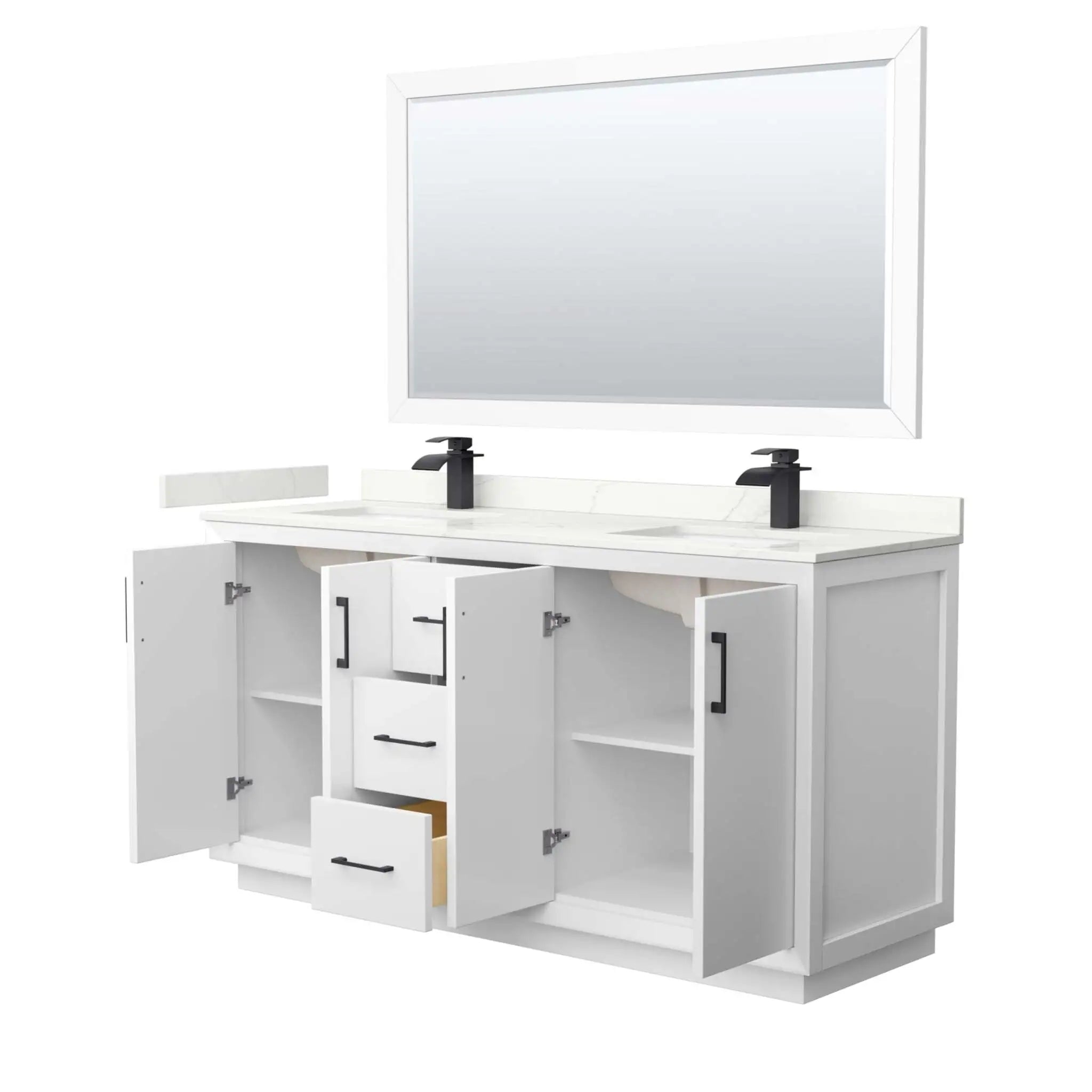 66" Strada Double Bathroom Vanity in White with Matte Black Trim & 58" Mirror by Wyndham