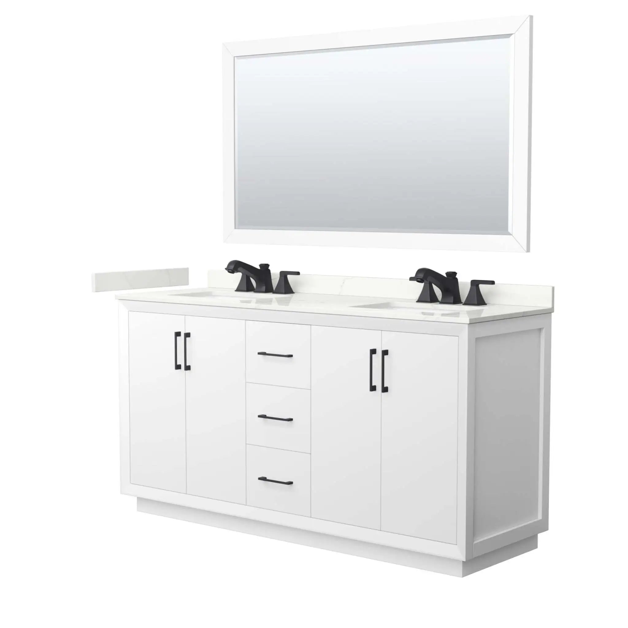 66" Strada Double Bathroom Vanity in White with Matte Black Trim & 58" Mirror by Wyndham