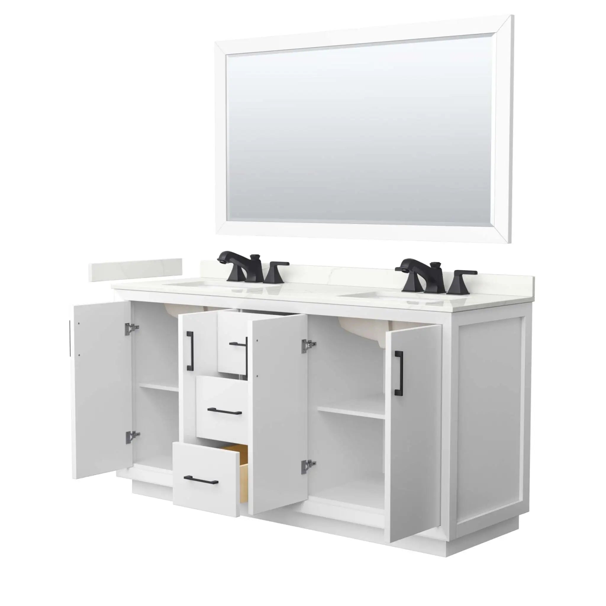 66" Strada Double Bathroom Vanity in White with Matte Black Trim & 58" Mirror by Wyndham
