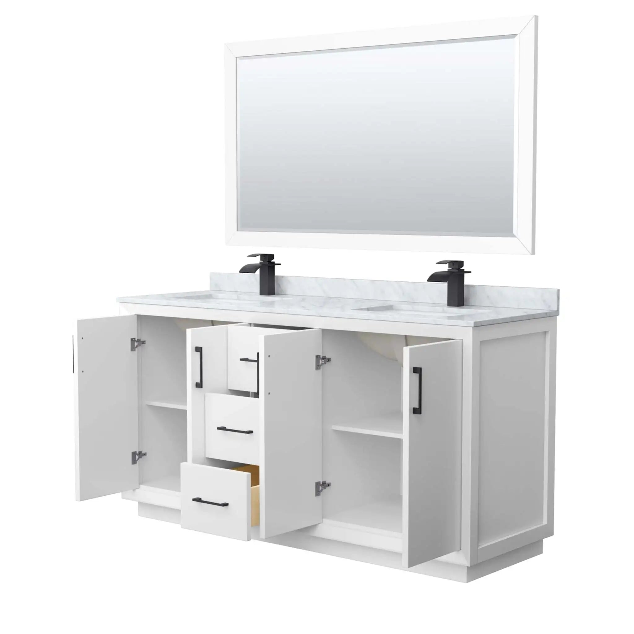 66" Strada Double Bathroom Vanity in White with Matte Black Trim & 58" Mirror by Wyndham