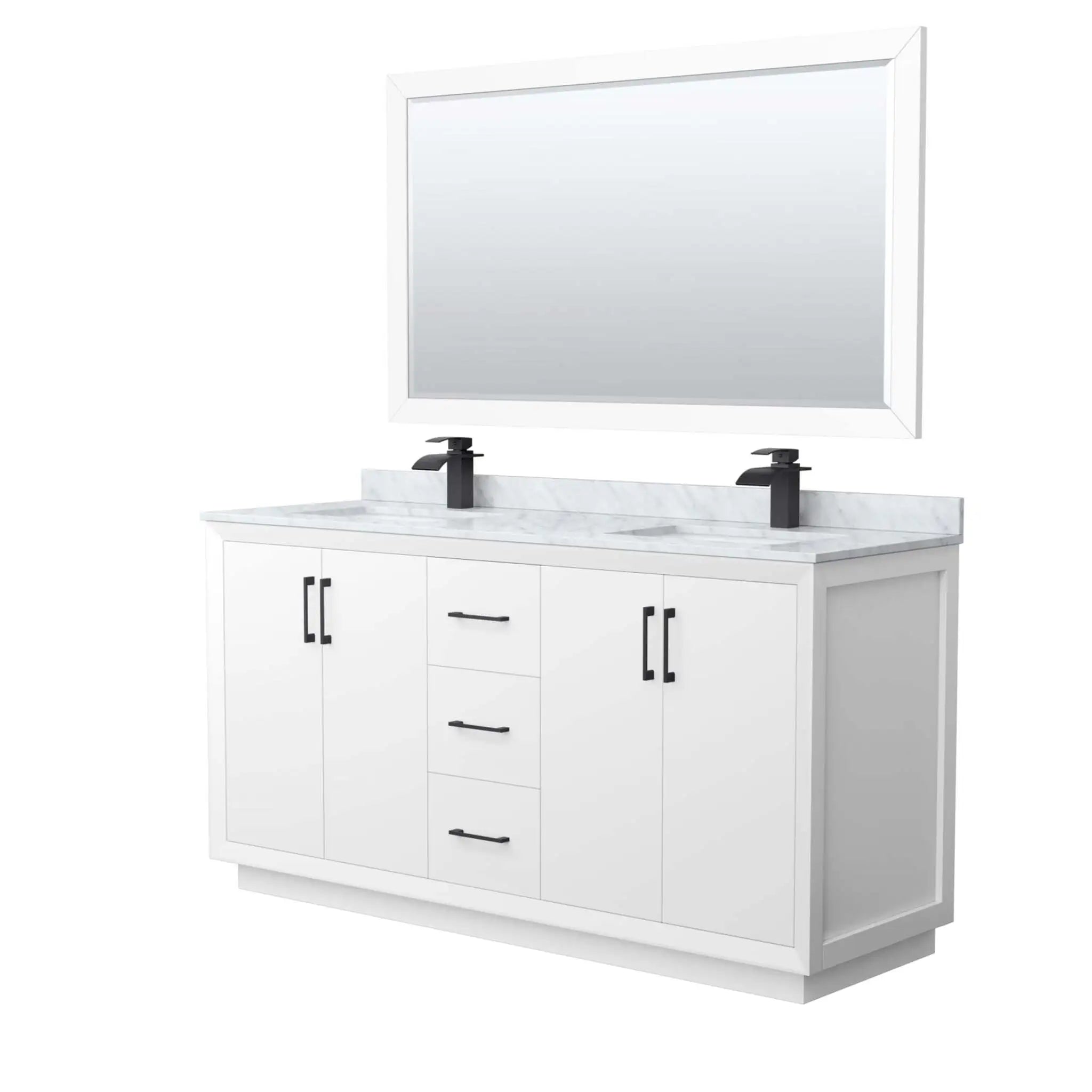 66" Strada Double Bathroom Vanity in White with Matte Black Trim & 58" Mirror by Wyndham