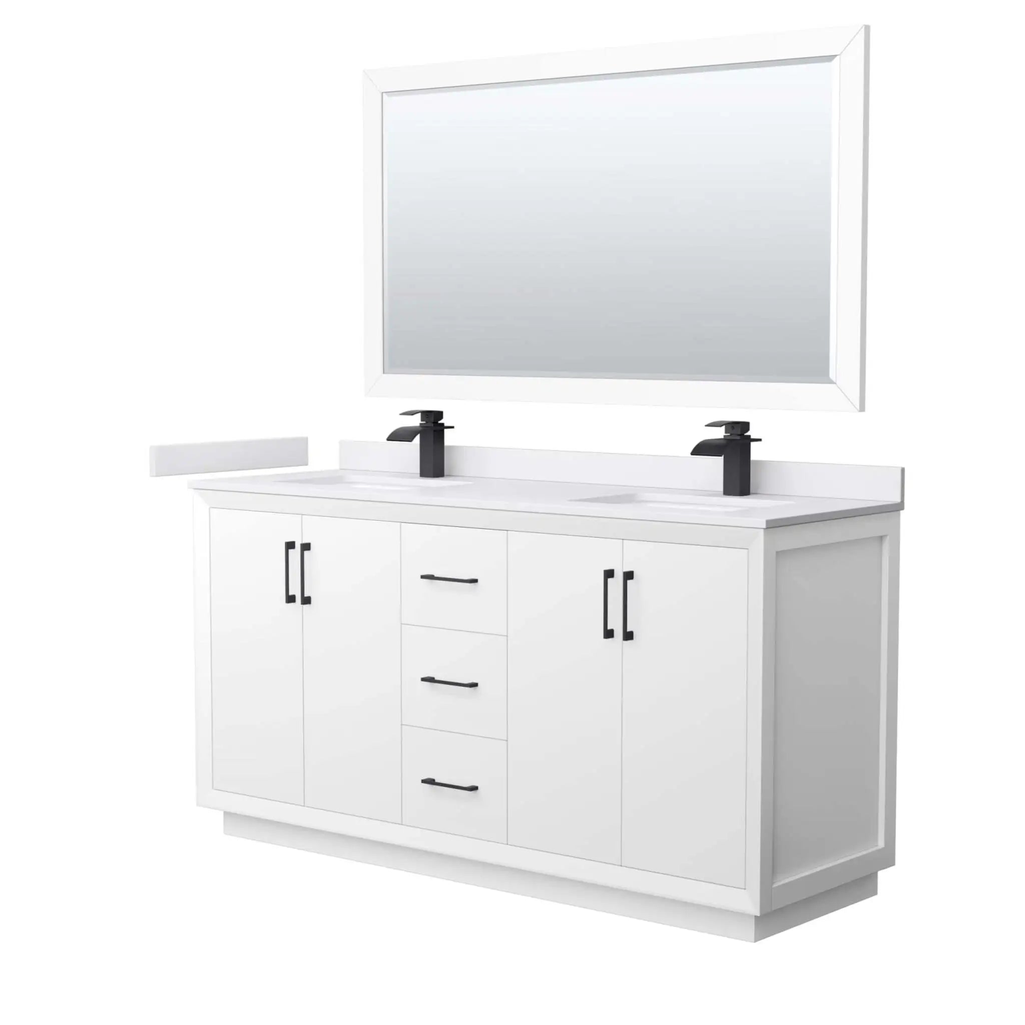 66" Strada Double Bathroom Vanity in White with Matte Black Trim & 58" Mirror by Wyndham