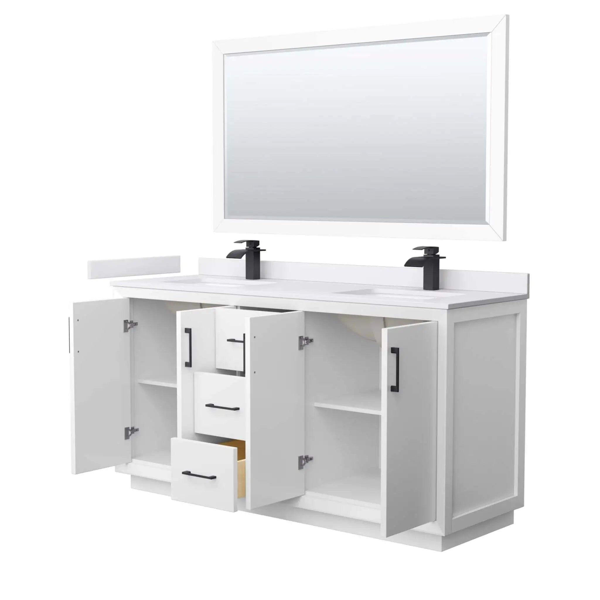66" Strada Double Bathroom Vanity in White with Matte Black Trim & 58" Mirror by Wyndham