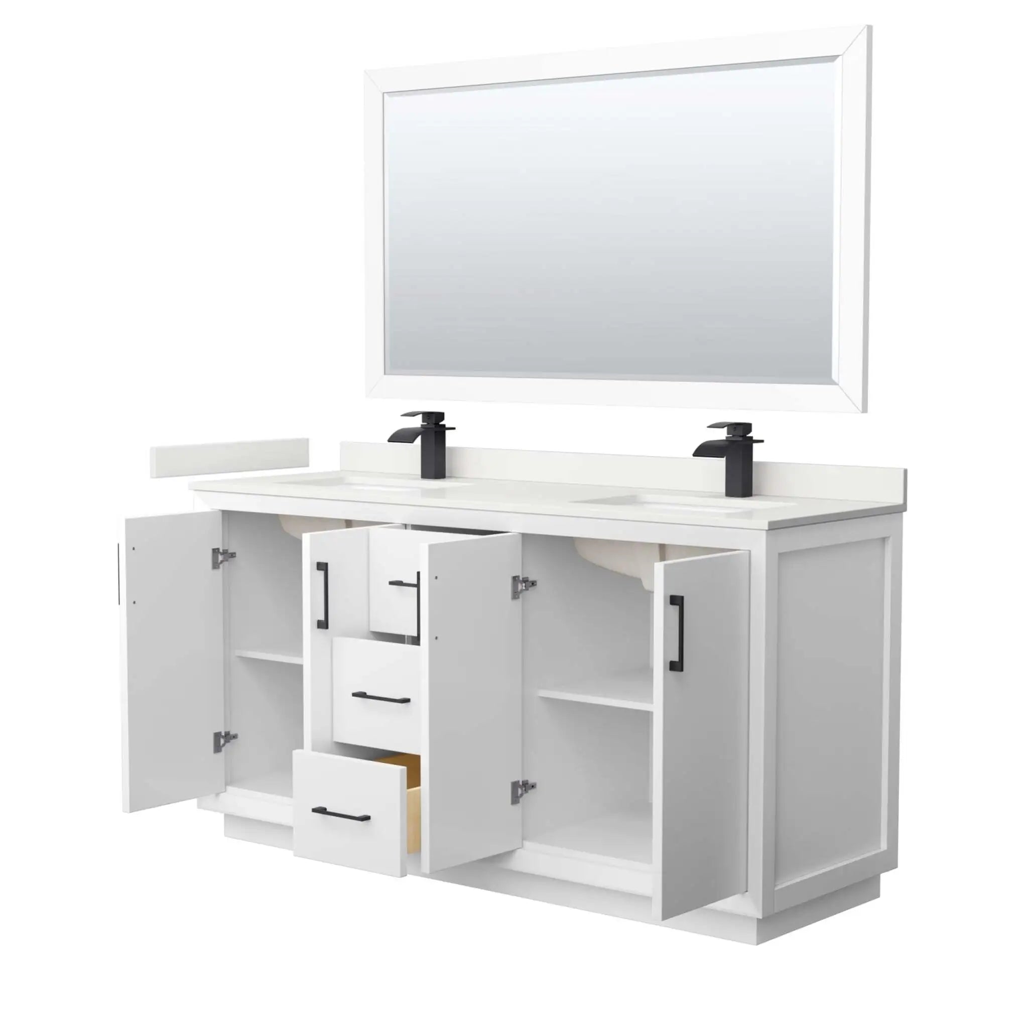 66" Strada Double Bathroom Vanity in White with Matte Black Trim & 58" Mirror by Wyndham