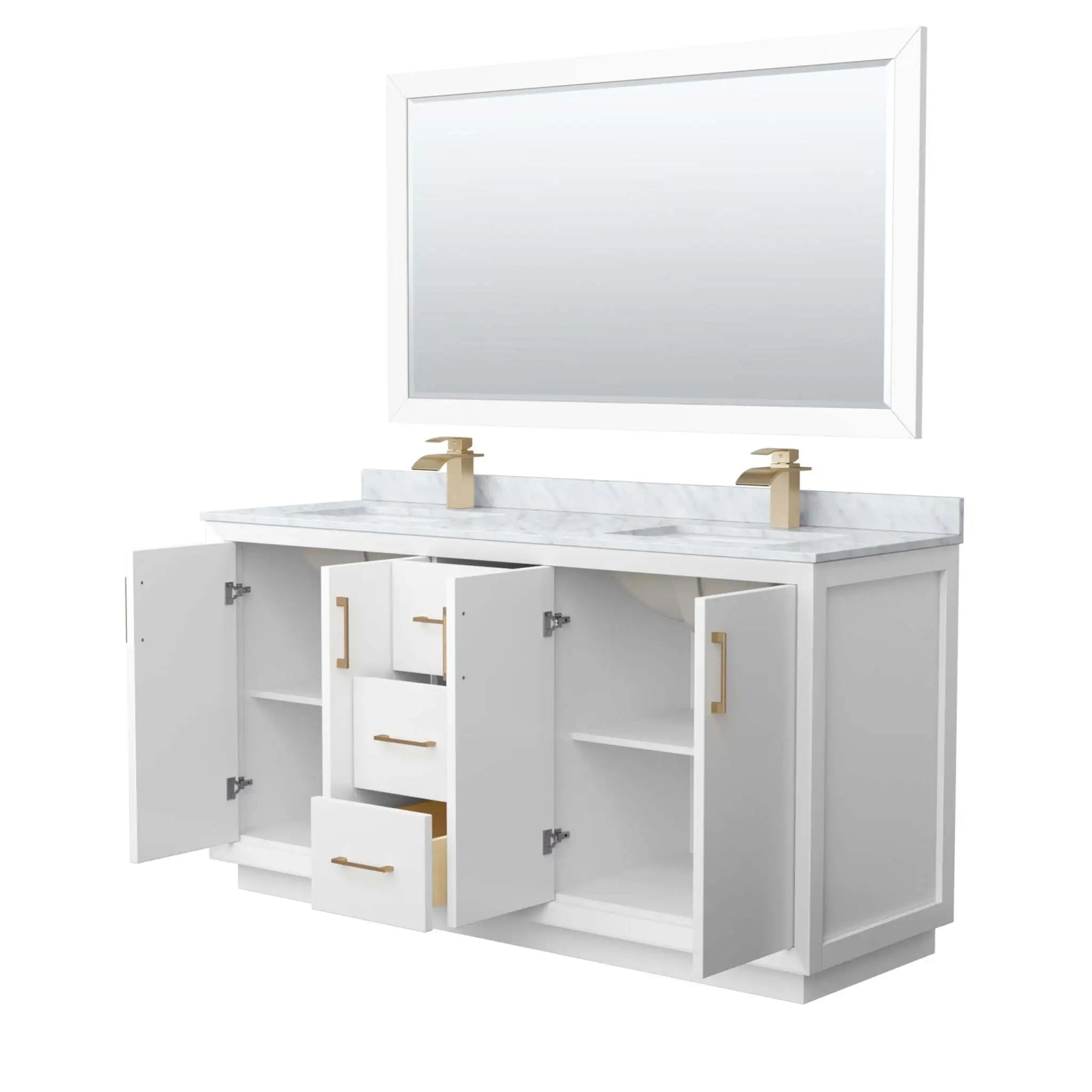 66" Strada Double Bathroom Vanity in White with Satin Bronze Trim & 58" Mirror by Wyndham