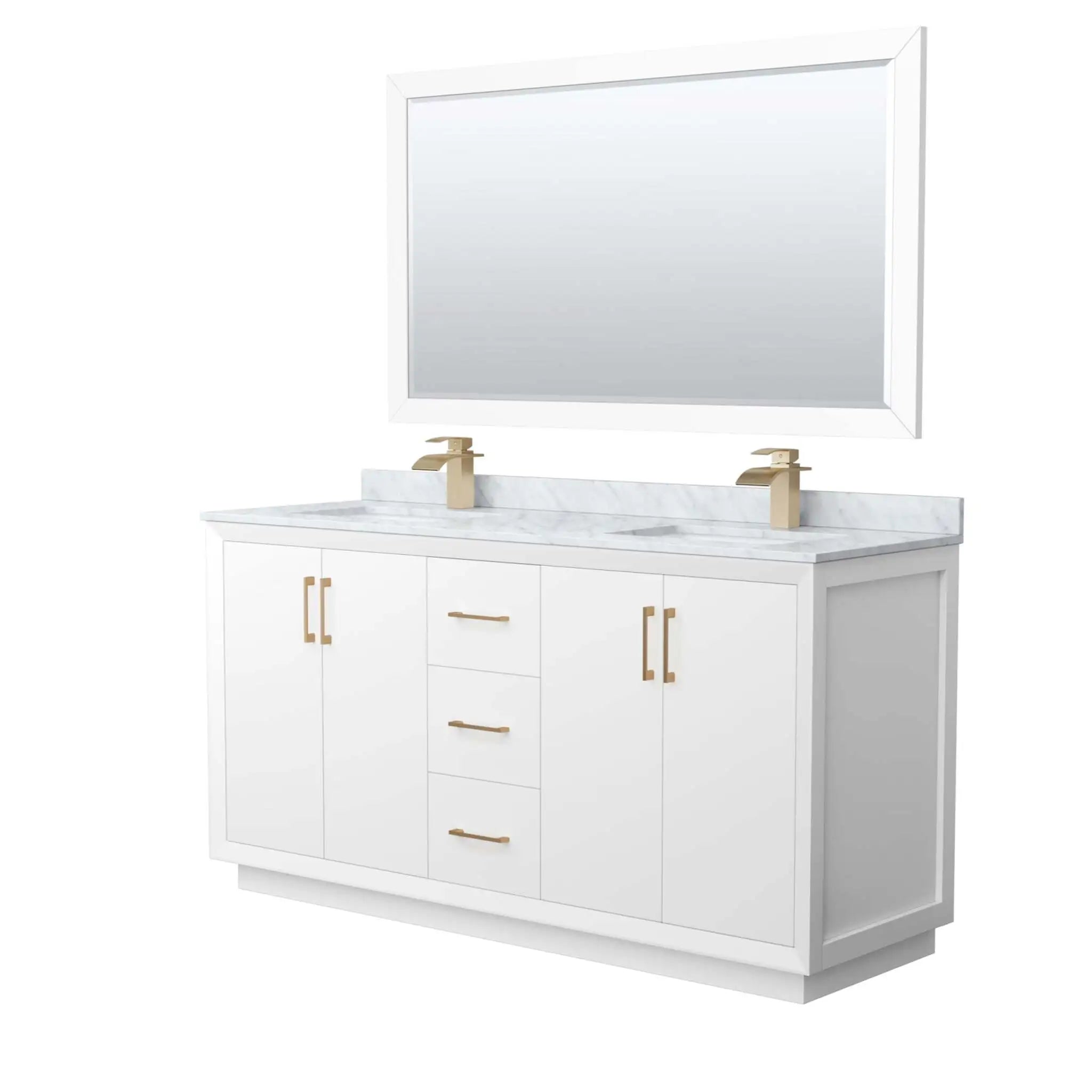 66" Strada Double Bathroom Vanity in White with Satin Bronze Trim & 58" Mirror by Wyndham