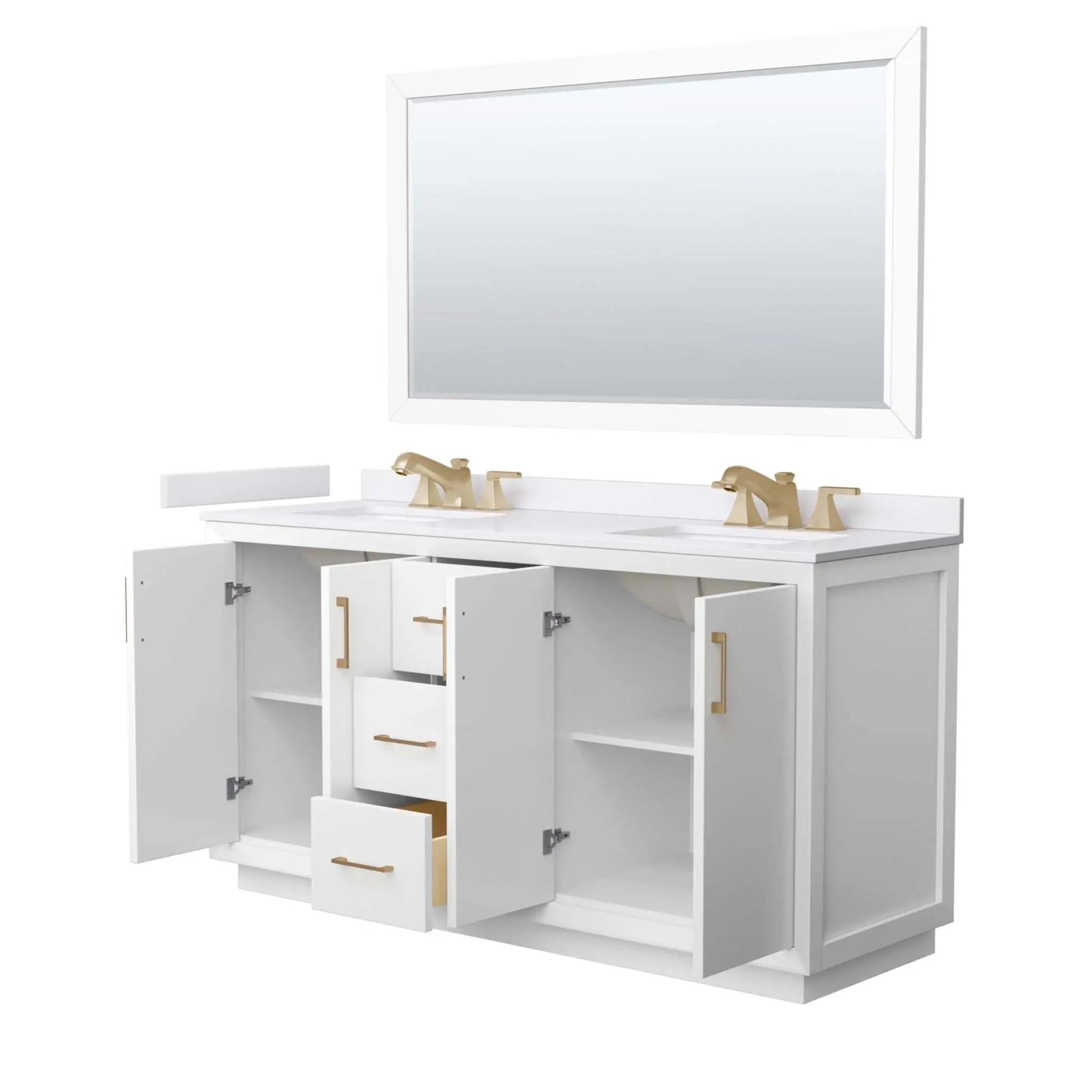 66" Strada Double Bathroom Vanity in White with Satin Bronze Trim & 58" Mirror by Wyndham