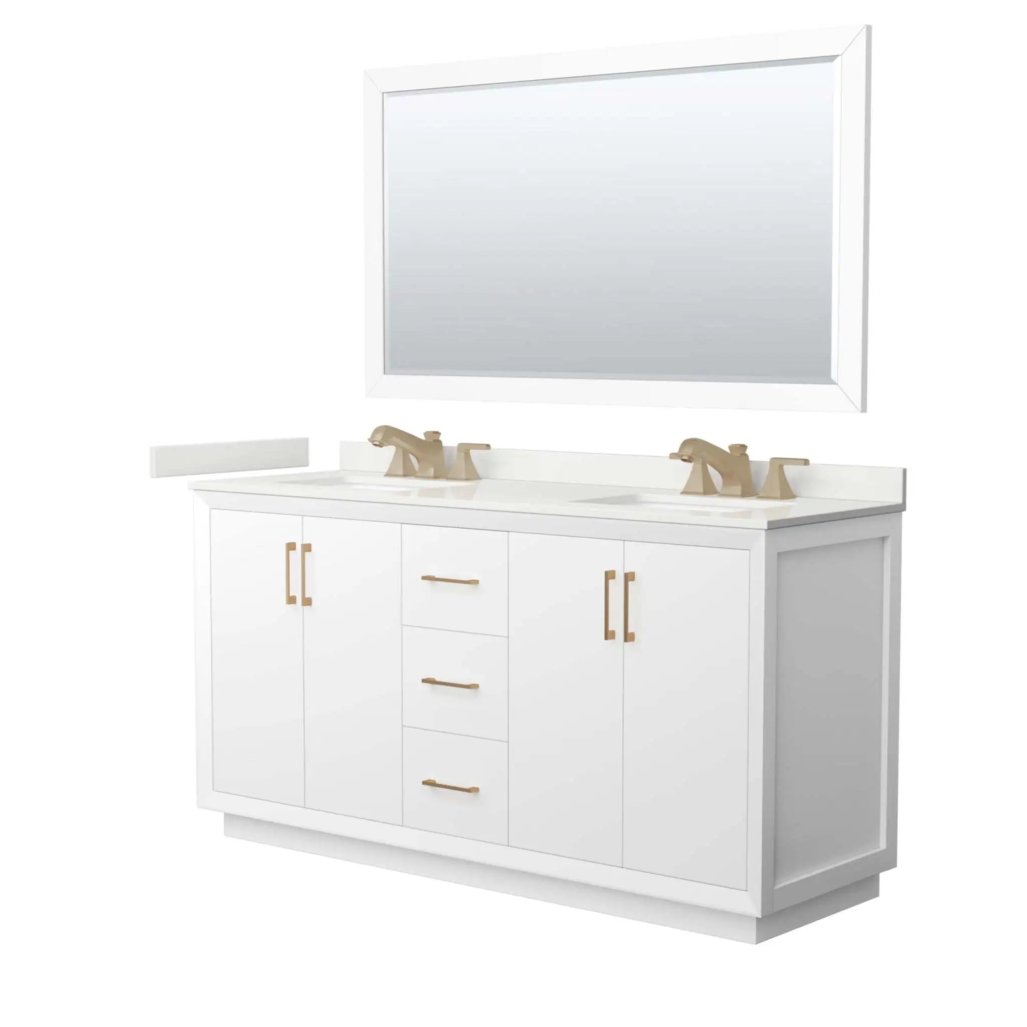 66" Strada Double Bathroom Vanity in White with Satin Bronze Trim & 58" Mirror by Wyndham