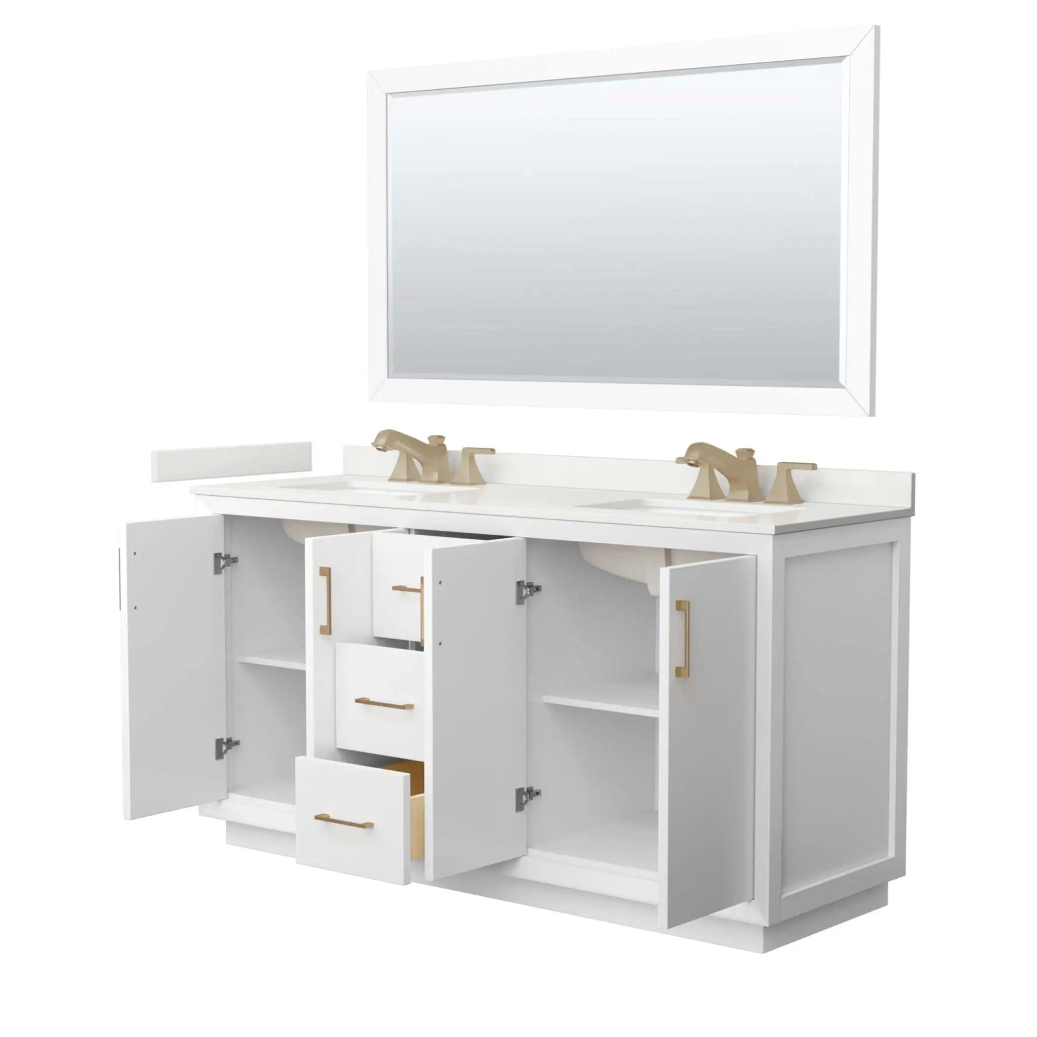 66" Strada Double Bathroom Vanity in White with Satin Bronze Trim & 58" Mirror by Wyndham