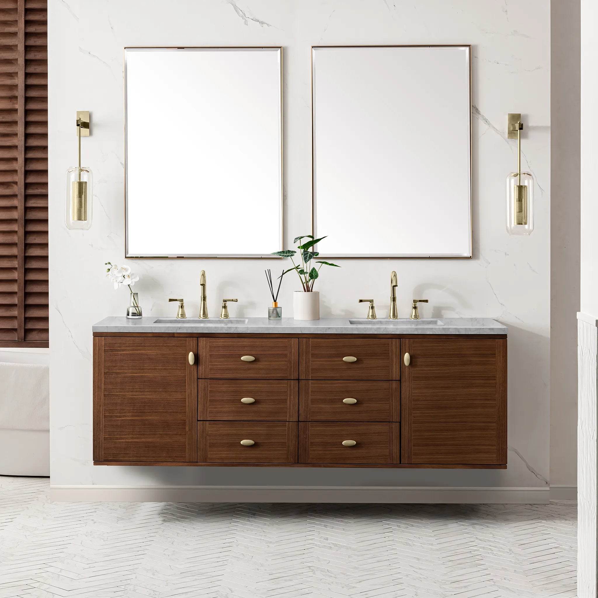 72" Amberly Double Vanity in Mid-Century Walnut-Carrara White Marble-8" Widespread image 3