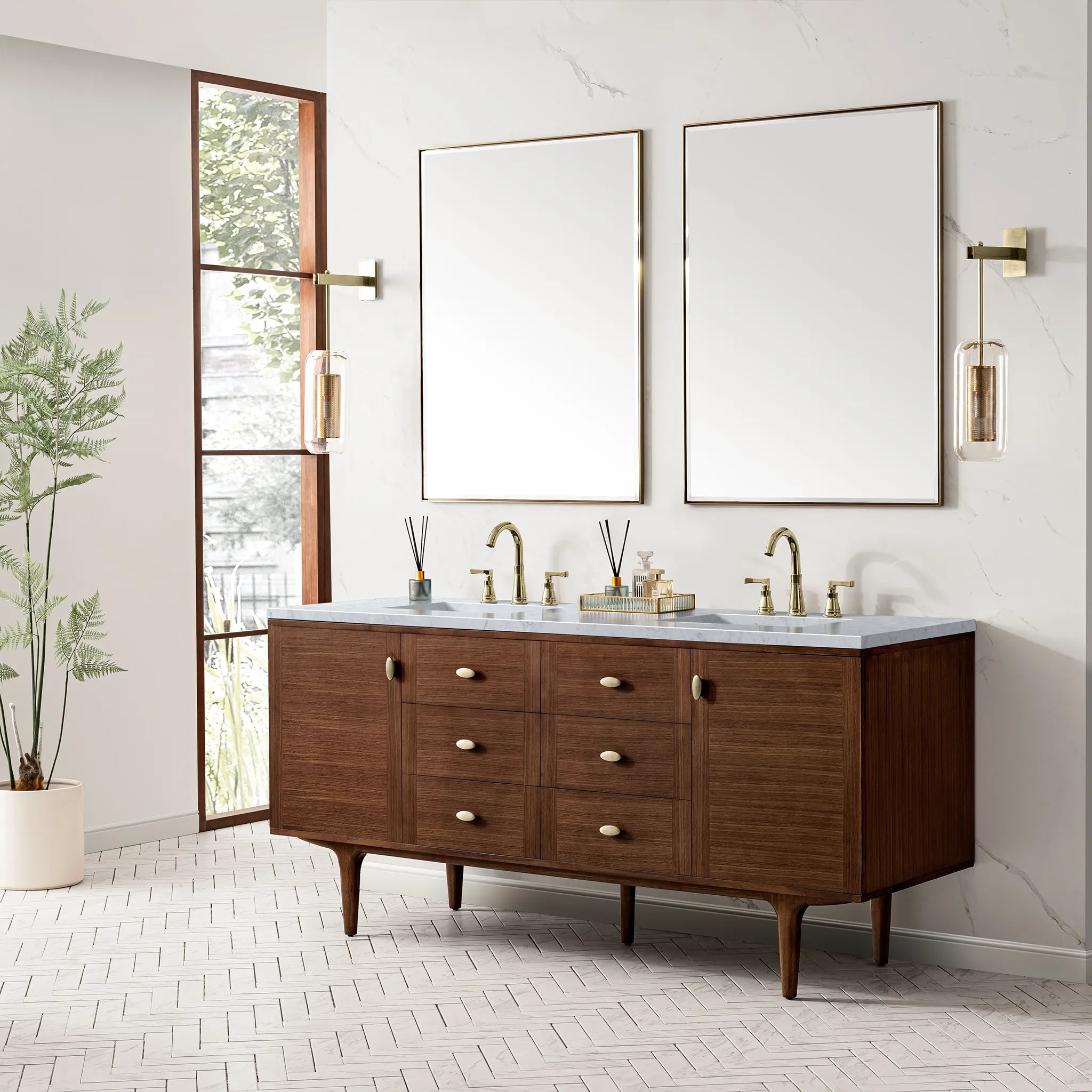 72" Amberly Double Vanity in Mid-Century Walnut-Carrara White Marble-8" Widespread image 4