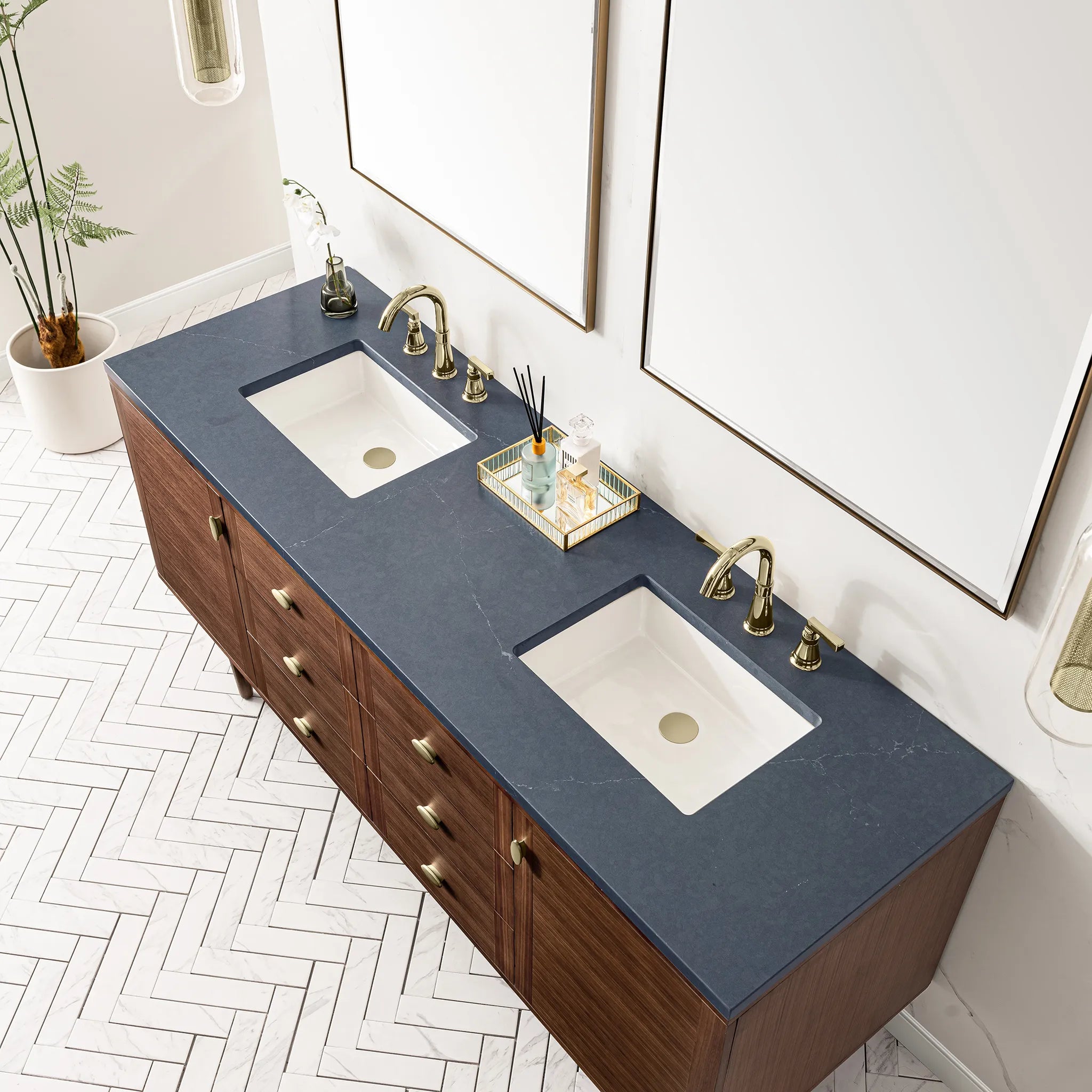 72" Amberly Double Vanity in Mid-Century Walnut-Charcoal Soapstone Silestone-8" Widespread image 14