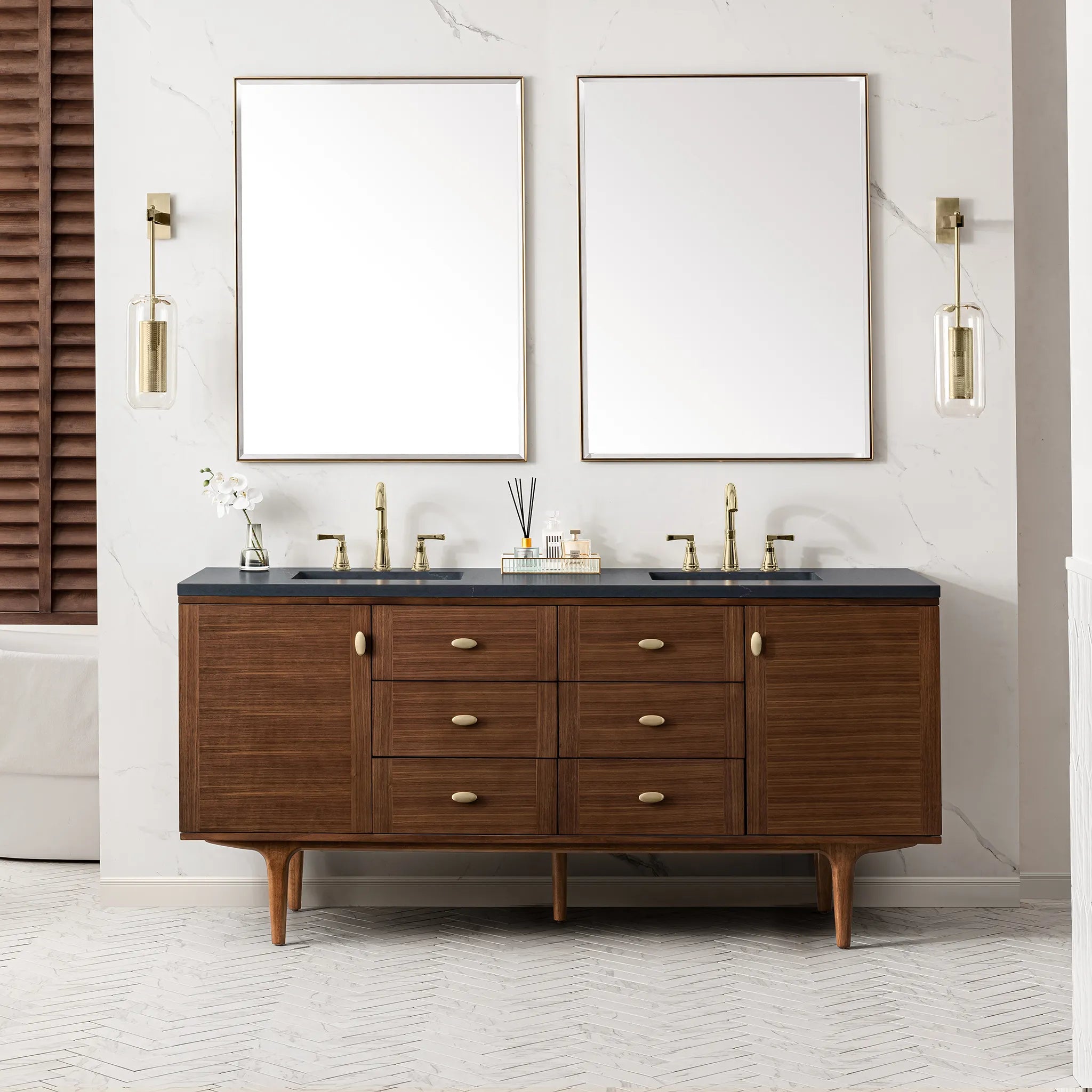 72" Amberly Double Vanity in Mid-Century Walnut-Charcoal Soapstone Silestone-8" Widespread image 2