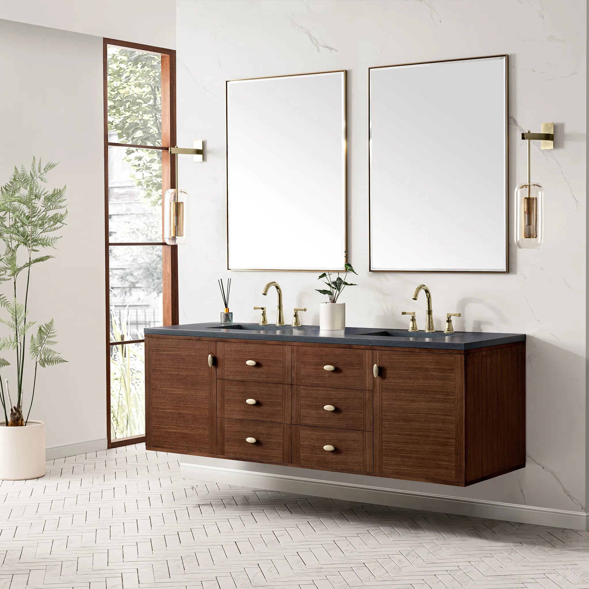 72" Amberly Double Vanity in Mid-Century Walnut-Charcoal Soapstone Silestone-8" Widespread image 7