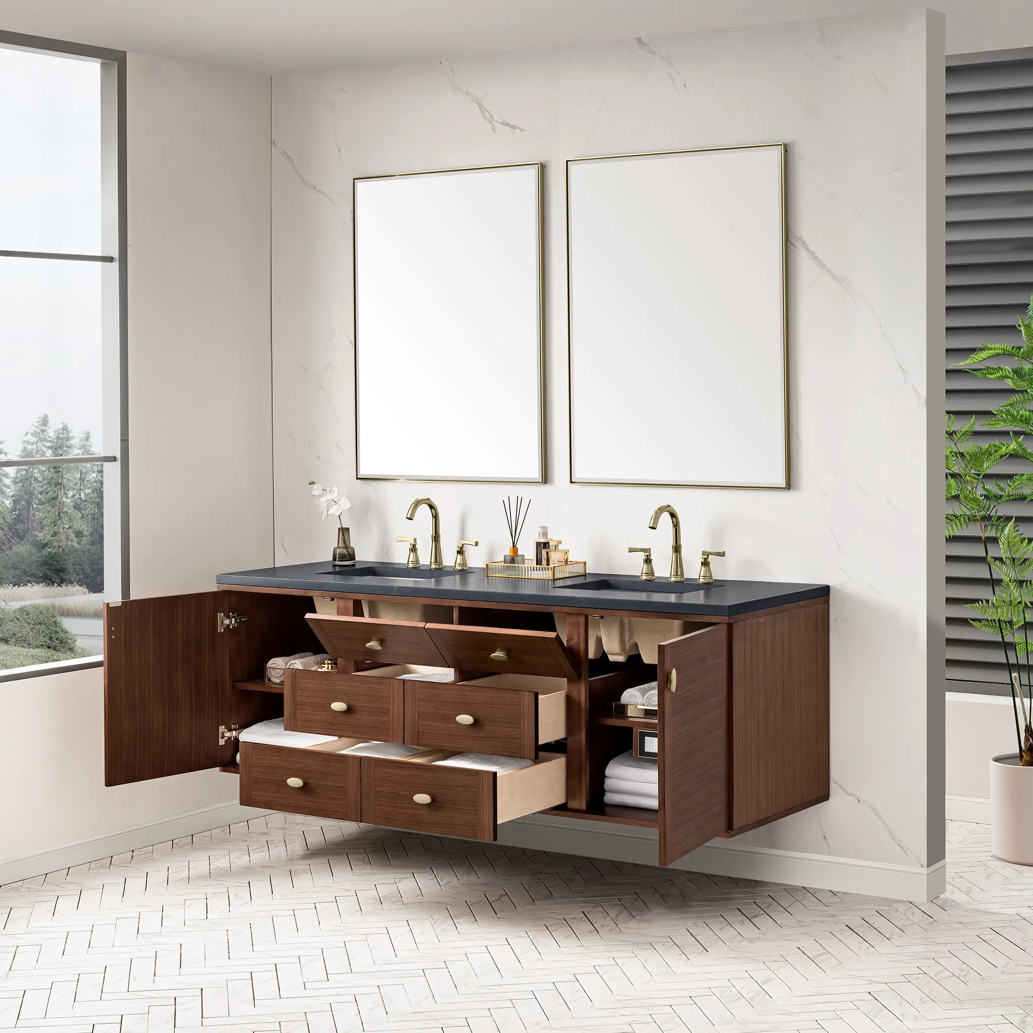 72" Amberly Double Vanity in Mid-Century Walnut-Charcoal Soapstone Silestone-8" Widespread image 9