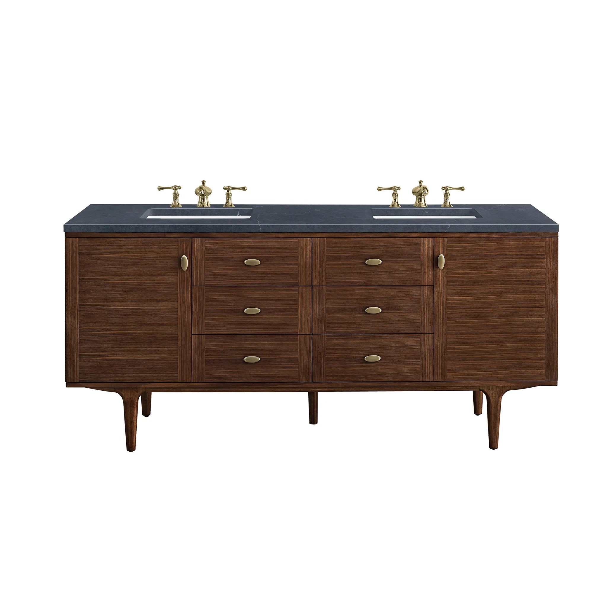 72" Amberly Double Vanity in Mid-Century Walnut-Charcoal Soapstone Silestone-8" Widespread image