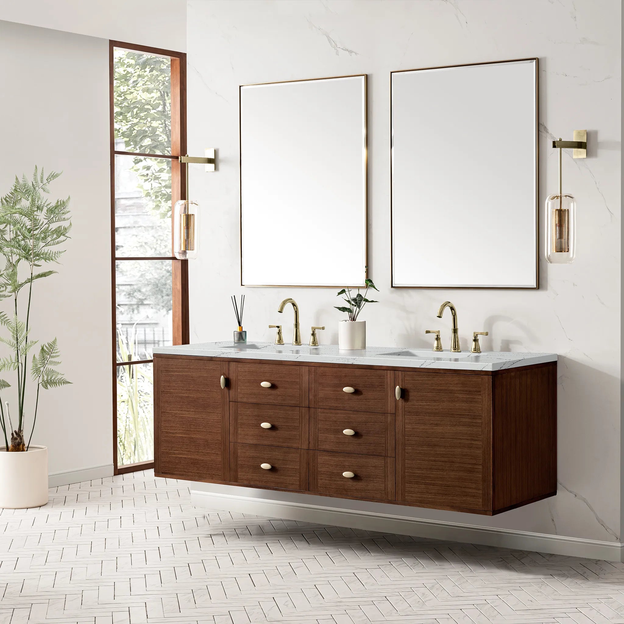 72" Amberly Double Vanity in Mid-Century Walnut-Ethereal Noctis Silestone-8" Widespread image 5