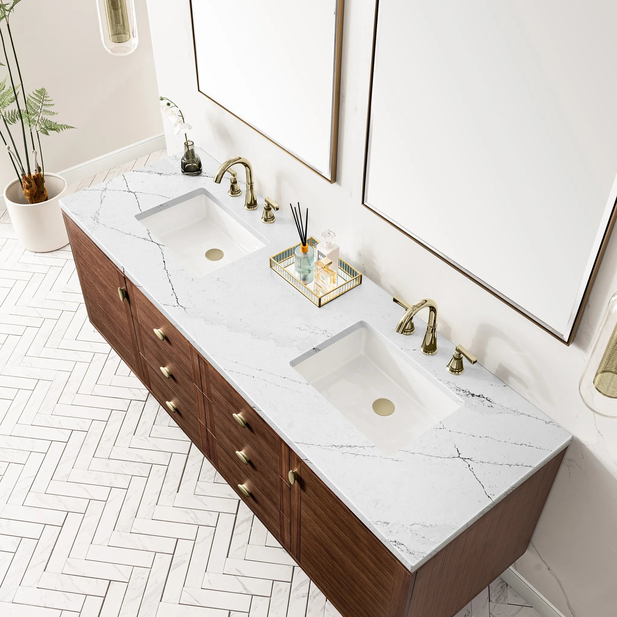 72" Amberly Double Vanity in Mid-Century Walnut-Ethereal Noctis Silestone-8" Widespread image 9