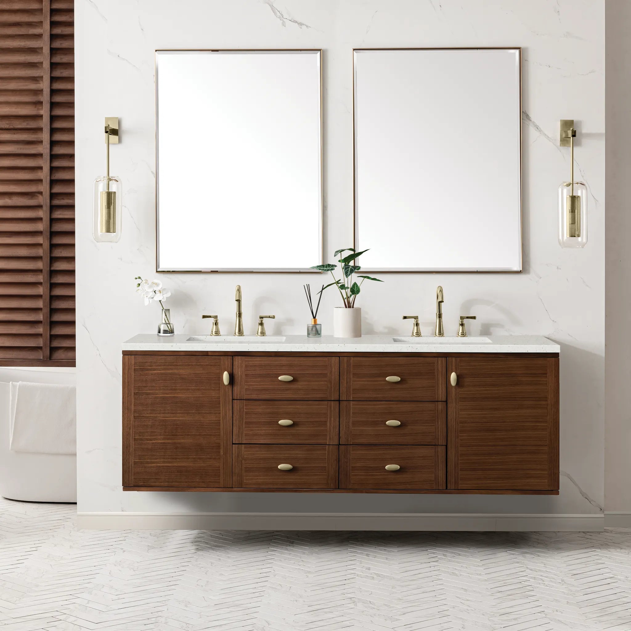 72" Amberly Double Vanity in Mid-Century Walnut-Lime Delight Silestone-8" Widespread image 3
