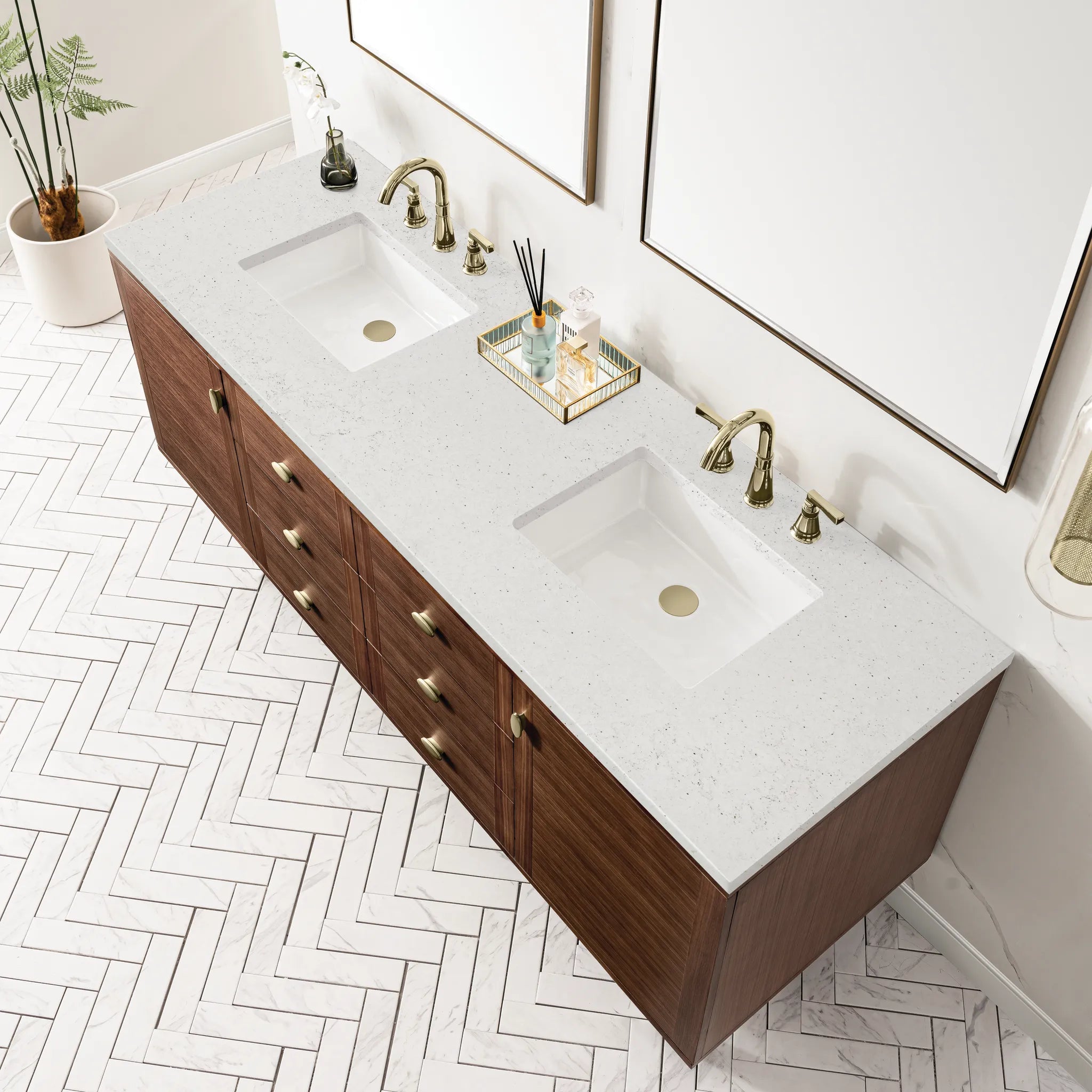 72" Amberly Double Vanity in Mid-Century Walnut-Lime Delight Silestone-8" Widespread image 9