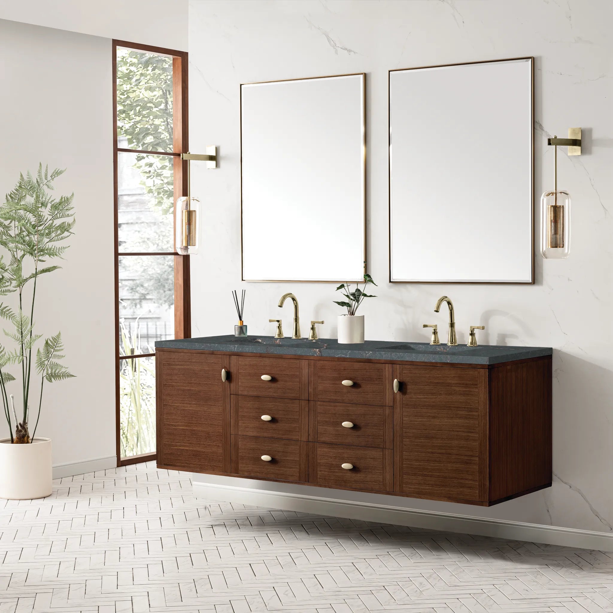 72" Amberly Double Vanity in Mid-Century Walnut-Parisien Bleu Silestone-8" Widespread image 5