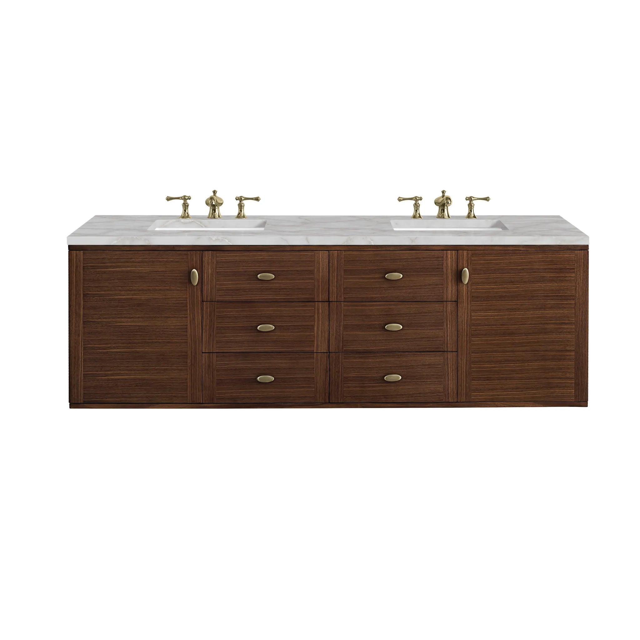72" Amberly Double Vanity in Mid-Century Walnut-Victorian Silver Silestone-8" Widespread image 1