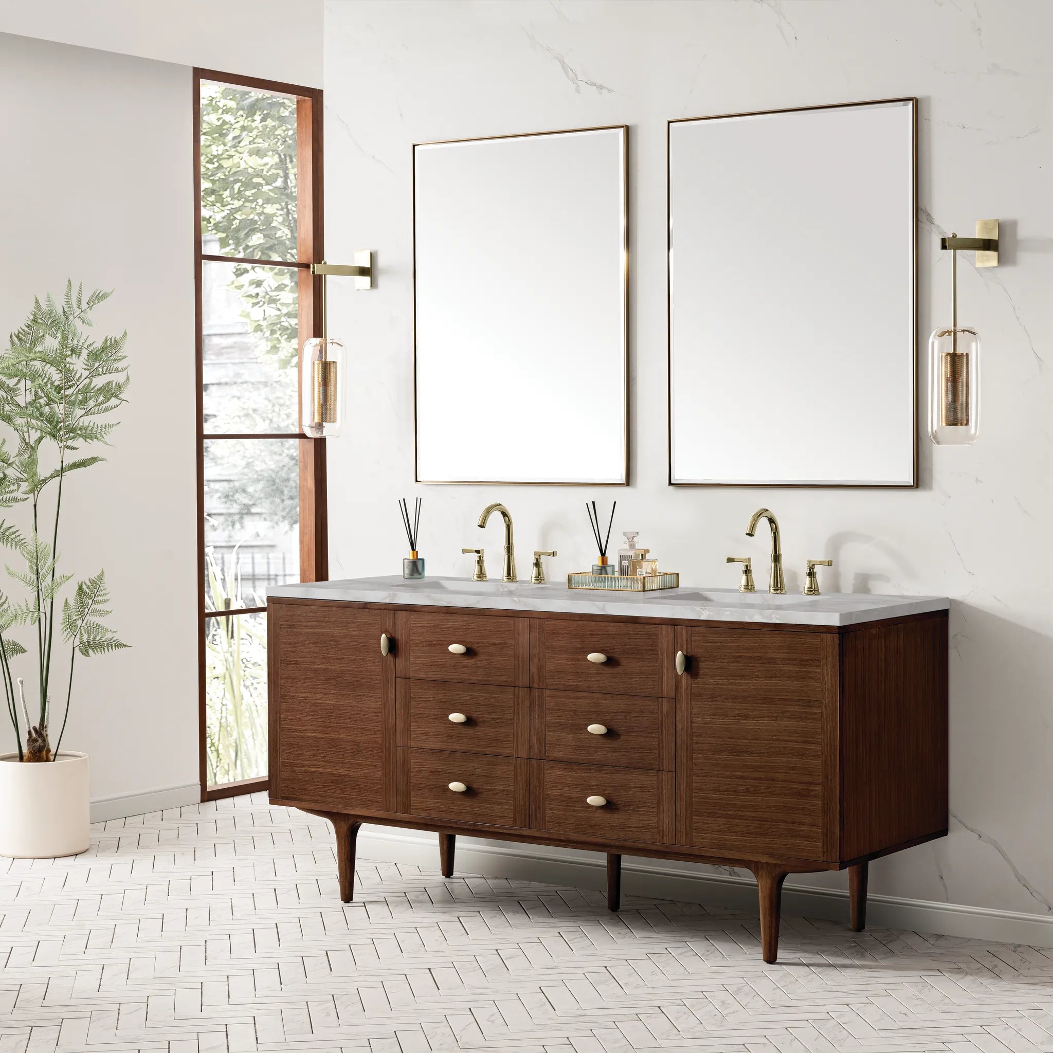72" Amberly Double Vanity in Mid-Century Walnut-Victorian Silver Silestone-8" Widespread image 4