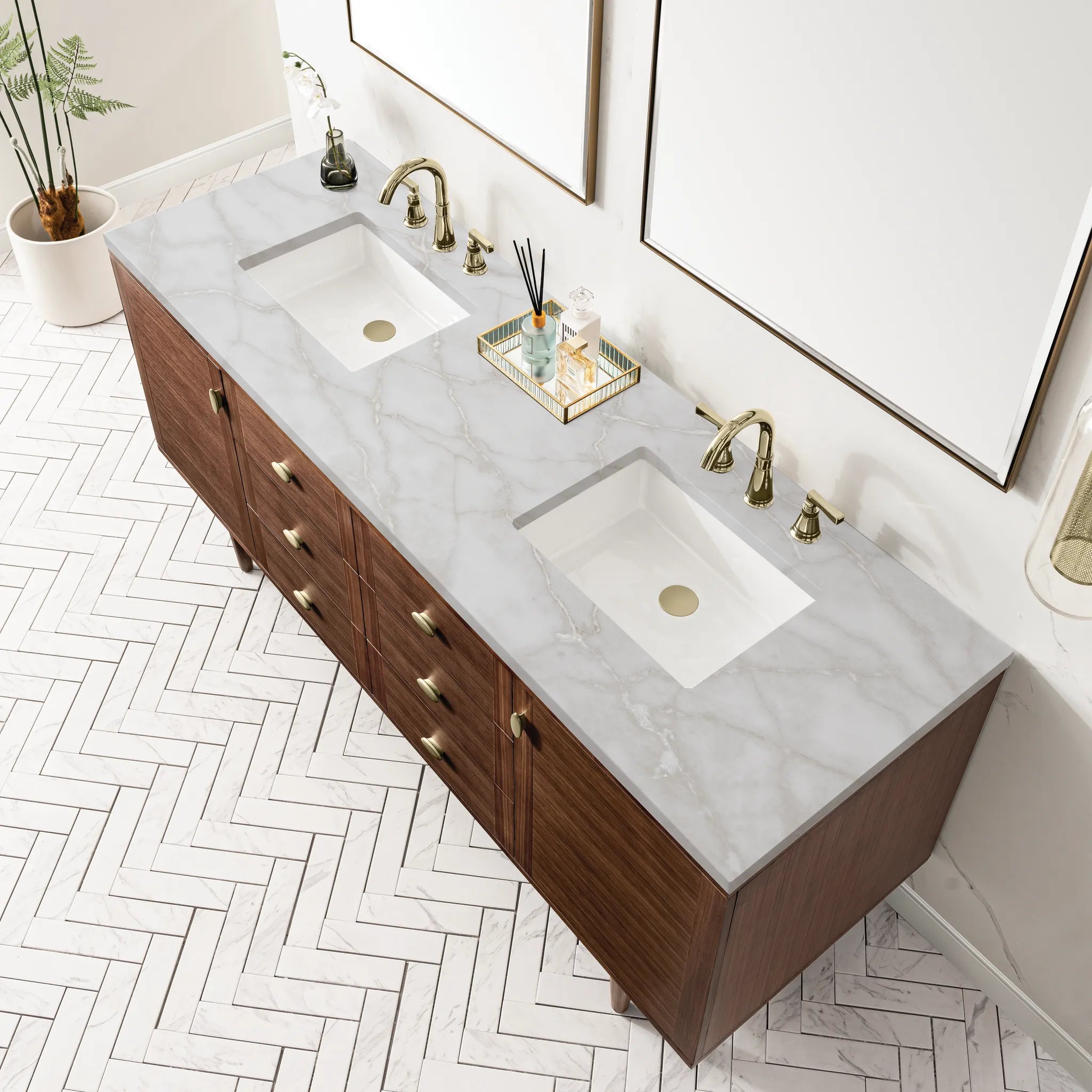 72" Amberly Double Vanity in Mid-Century Walnut-Victorian Silver Silestone-8" Widespread image 8