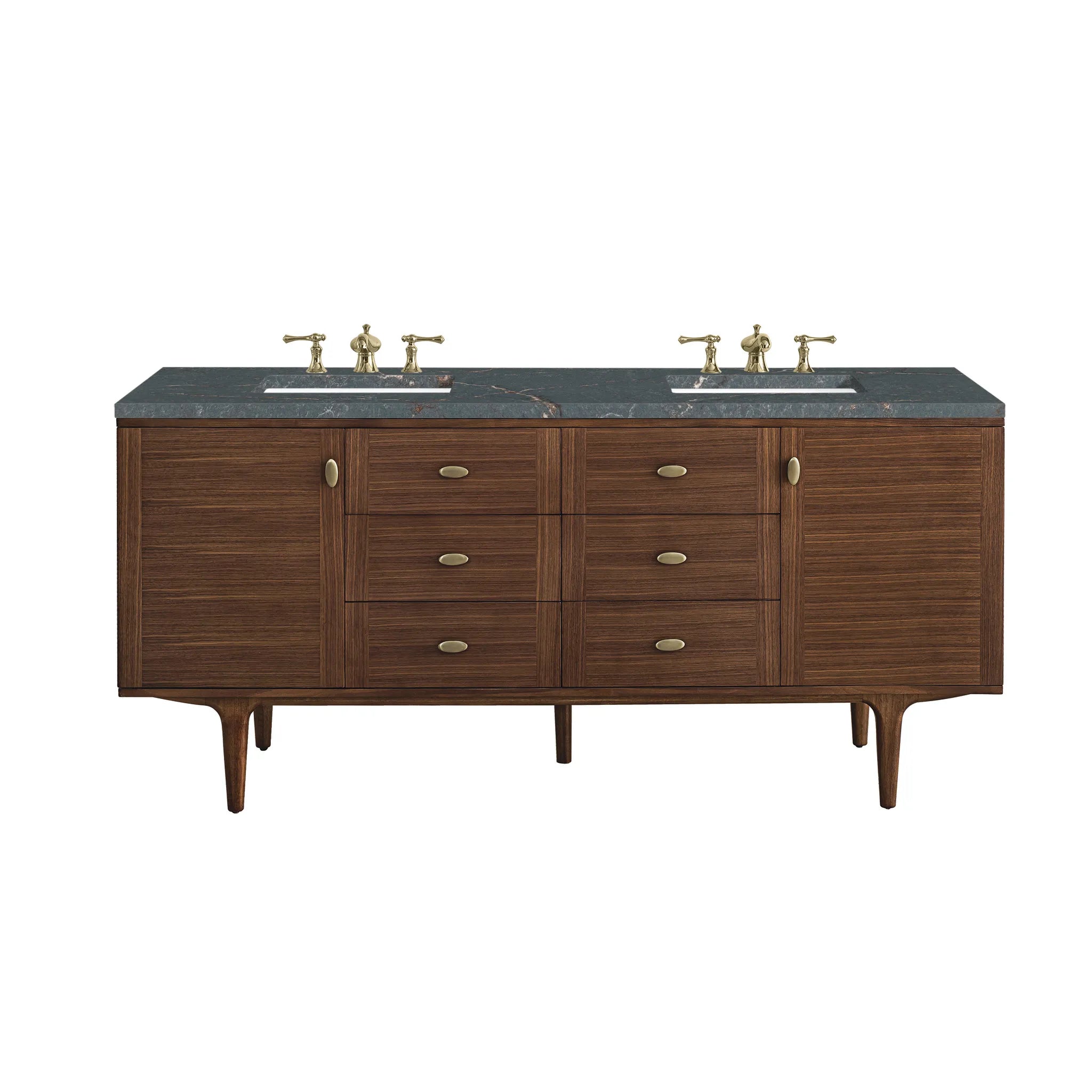 72" Amberly Double Vanity in Mid-Century Walnut w/FreePower Wireless Charger-Parisien Bleu Silestone-8" Widespread image