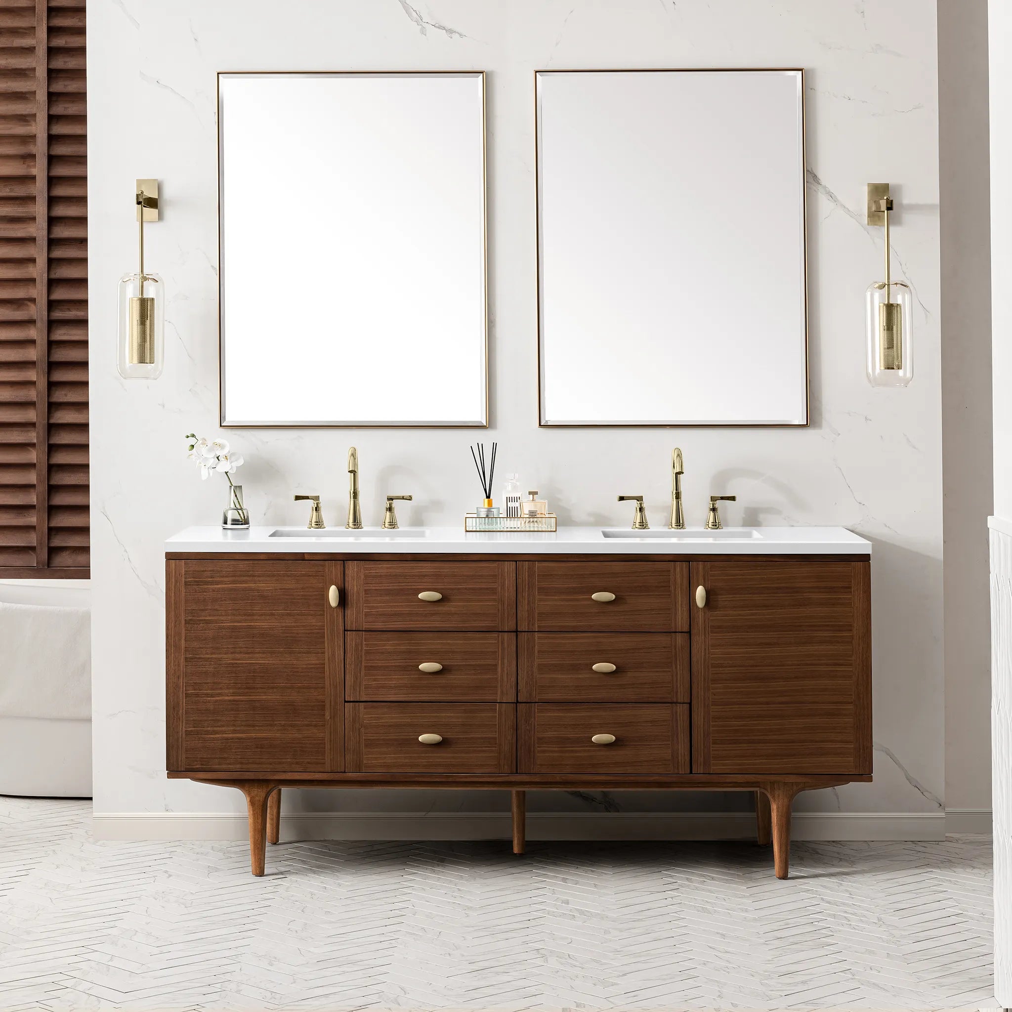 72" Amberly Double Vanity in Mid-Century Walnut-White Zeus Silestone-8" Widespread image 4