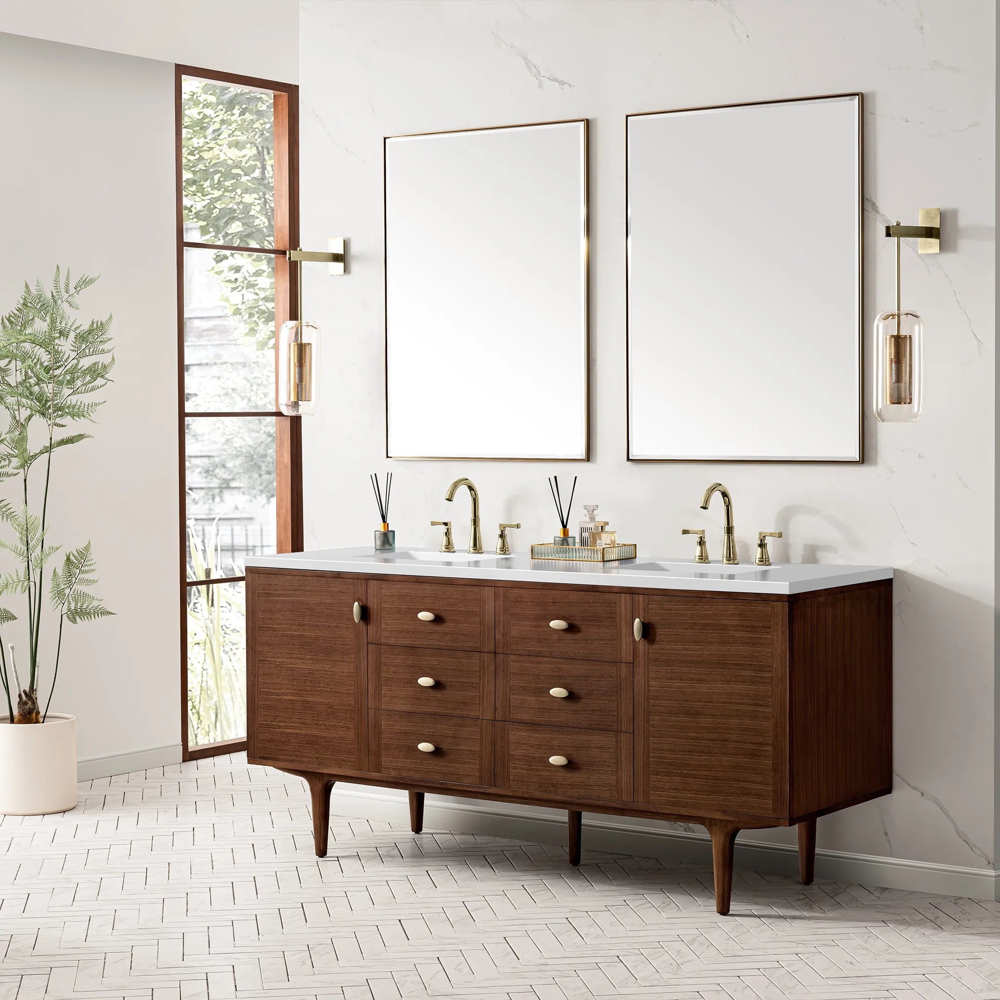 72" Amberly Double Vanity in Mid-Century Walnut-White Zeus Silestone-8" Widespread image 6