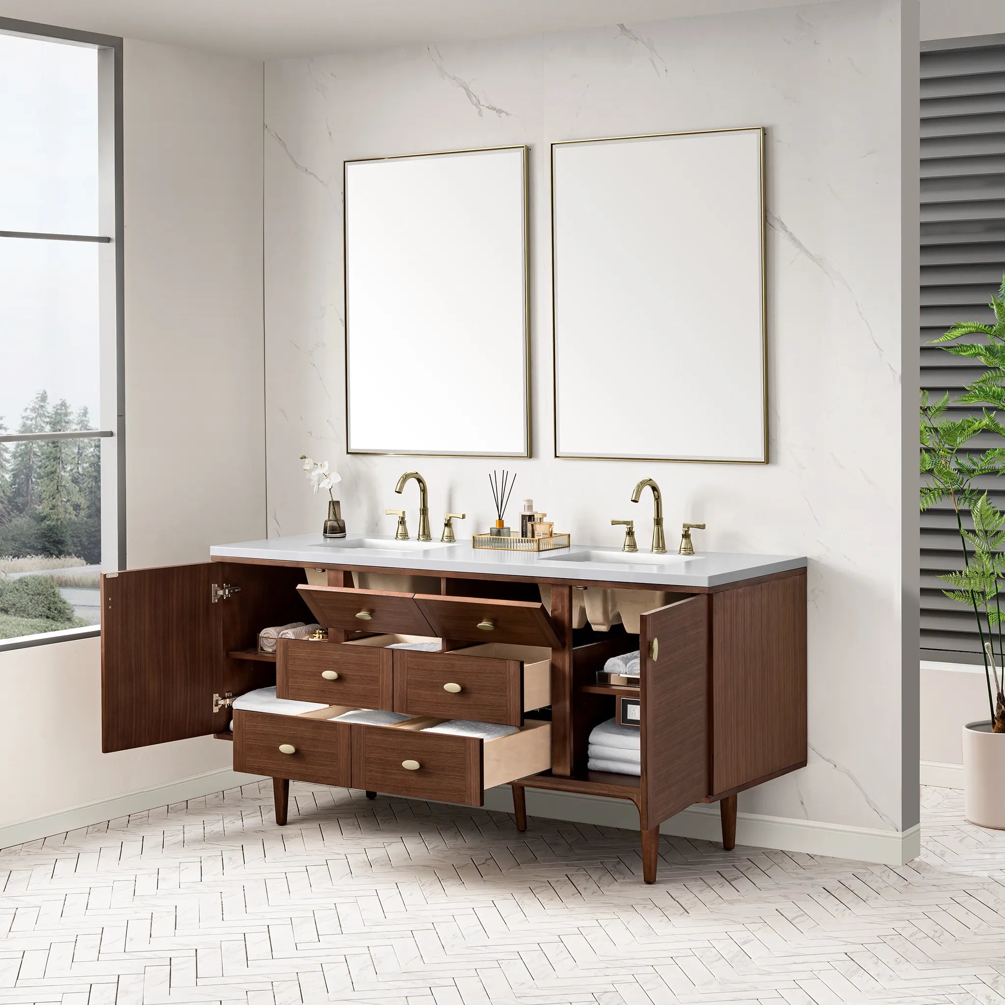 72" Amberly Double Vanity in Mid-Century Walnut-White Zeus Silestone-8" Widespread image 8