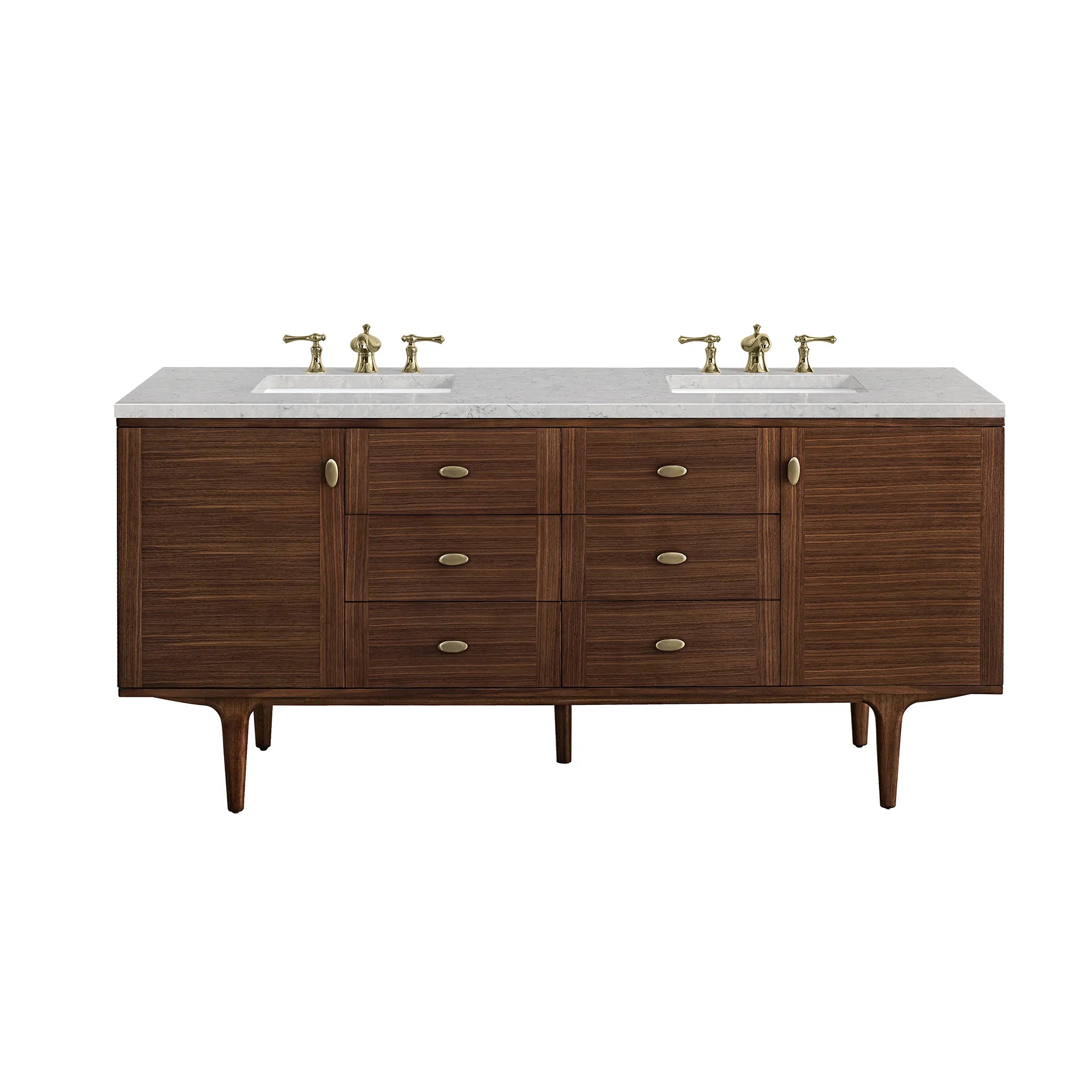 72" Amberly Double Vanity in Mid - Century Walnut w/FreePower Wireless Charger by James Martin Vanities - AURA Modern Home