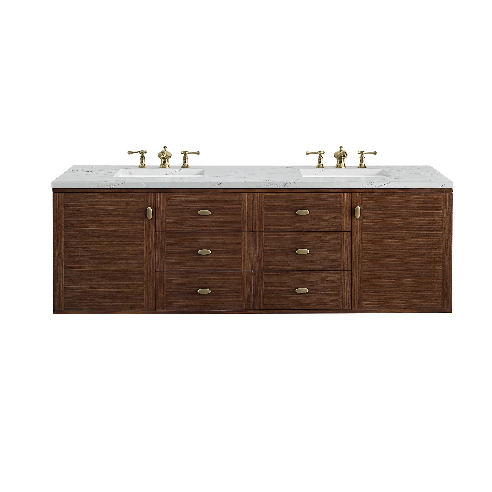 72" Amberly Double Vanity in Mid-Century Walnut Wireless Charger-Ethereal Noctis Silestone-8" Widespread image 1