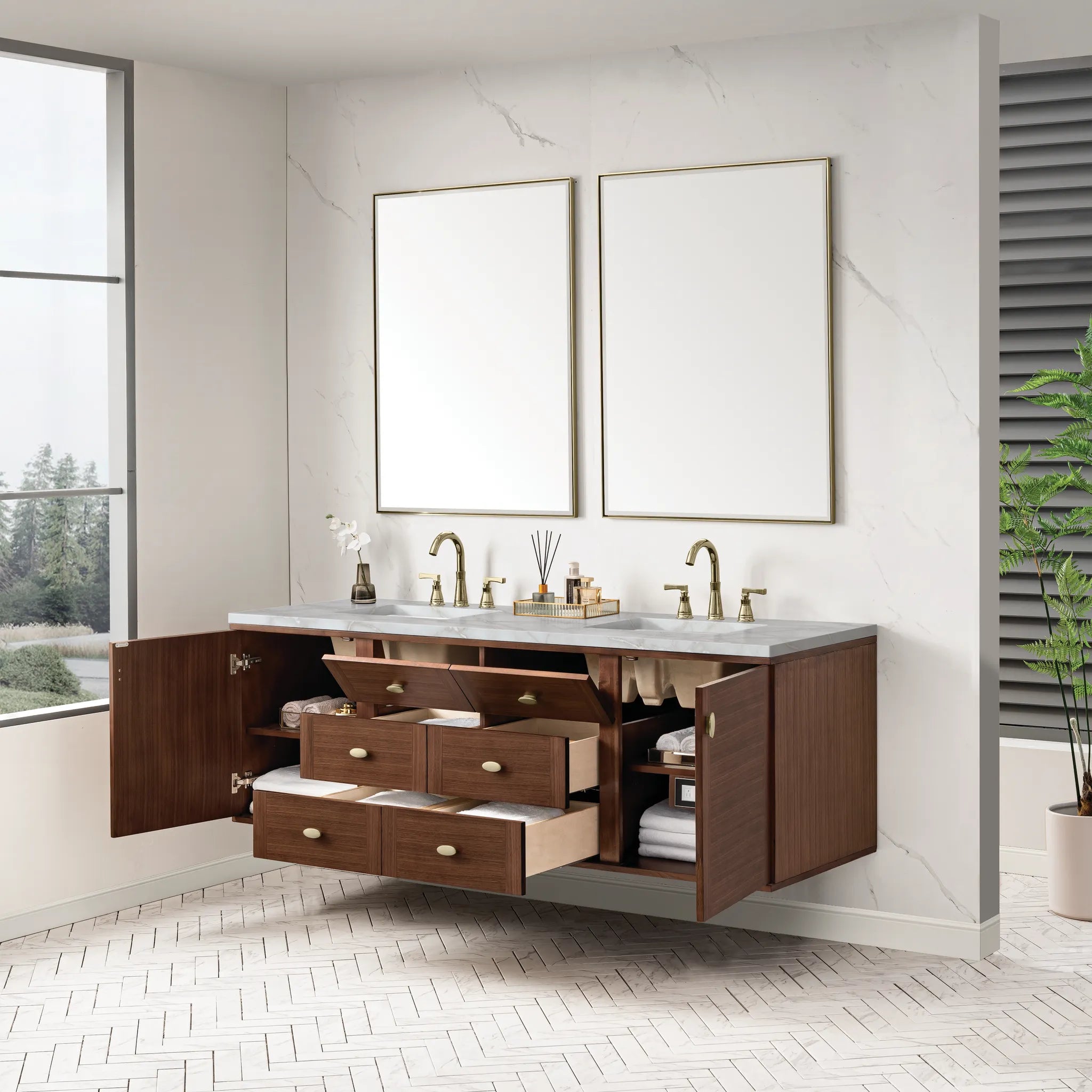 72" Amberly Double Vanity in Mid-Century Walnut Wireless Charger-Victorian Silver Silestone-8" Widespread image 10