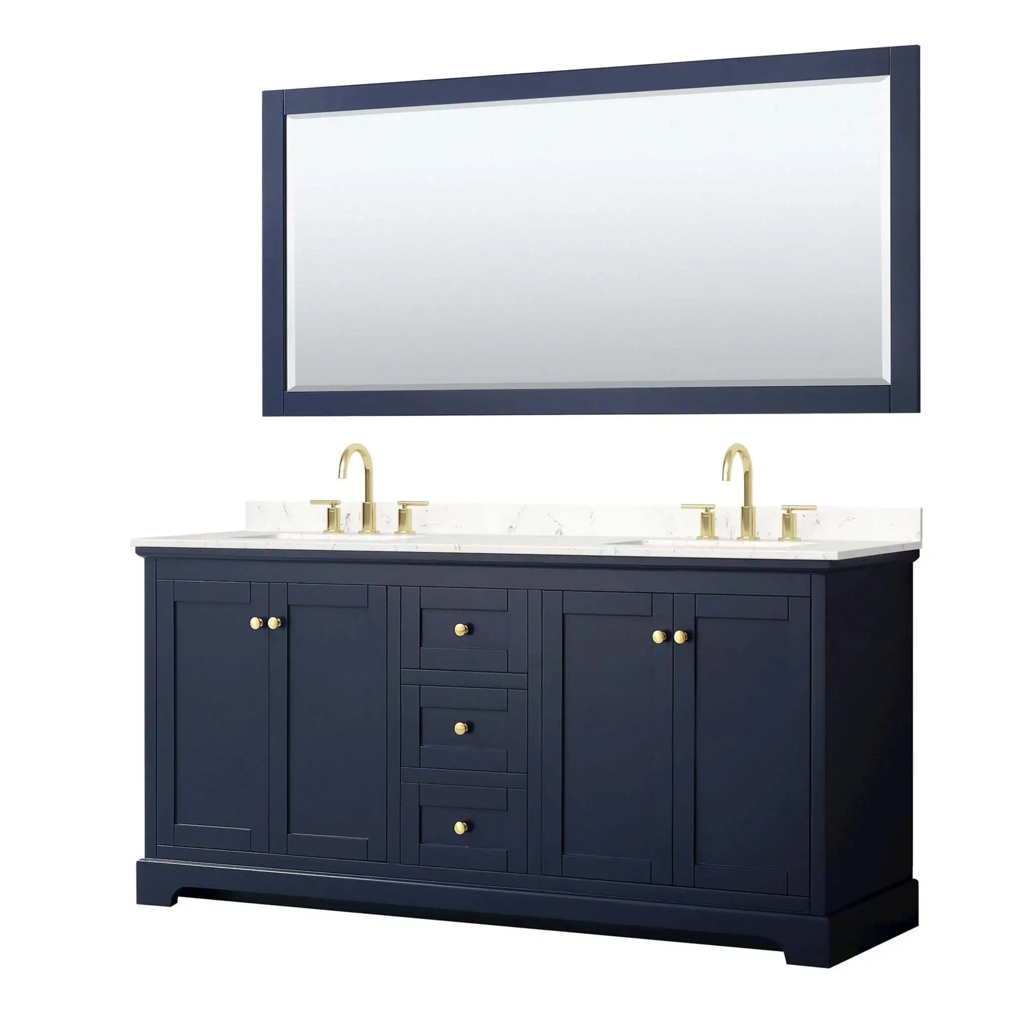 72" Avery Double Bathroom Vanity in Dark Blue with Brushed Gold Trim & 70" Mirror by Wyndham