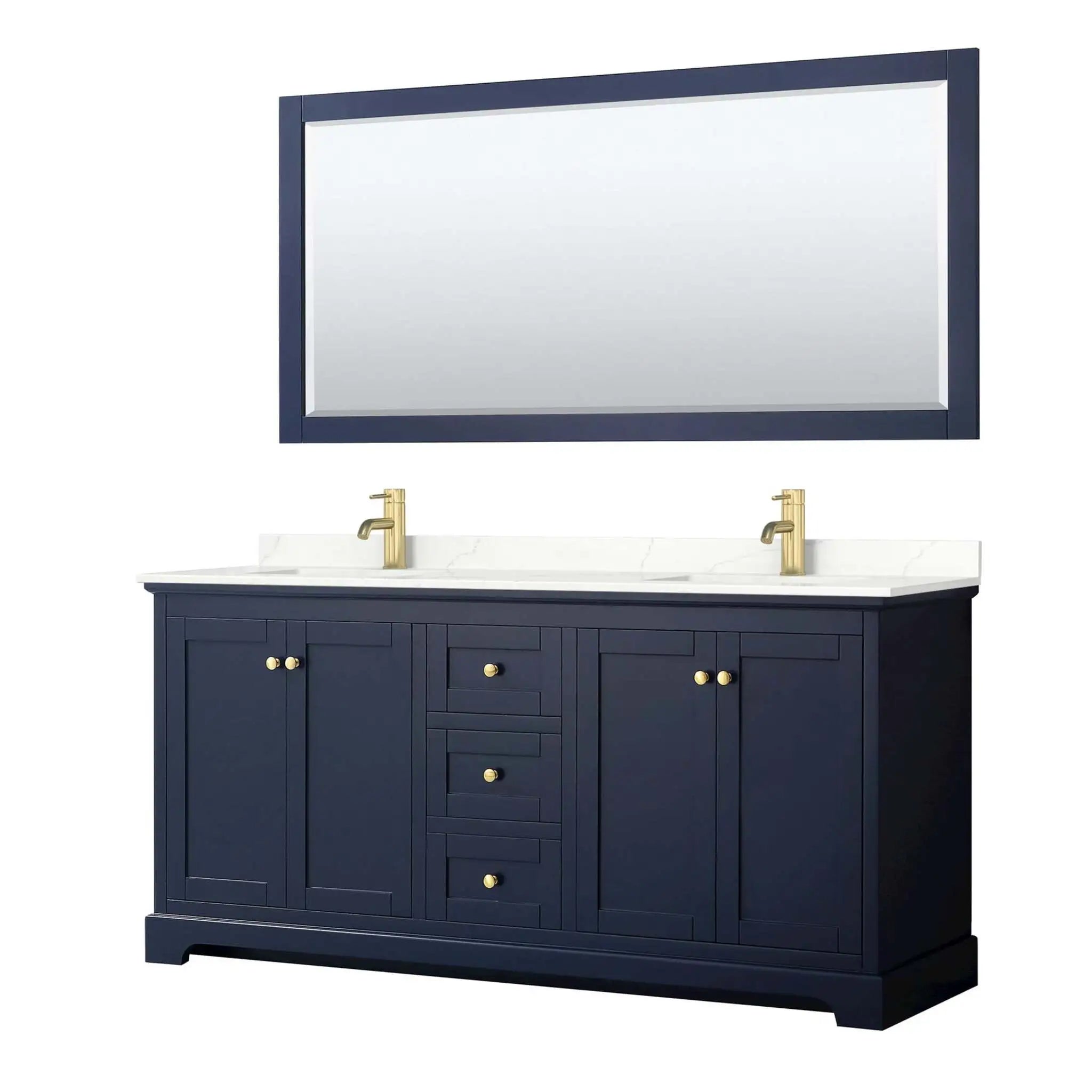 72" Avery Double Bathroom Vanity in Dark Blue with Brushed Gold Trim & 70" Mirror by Wyndham