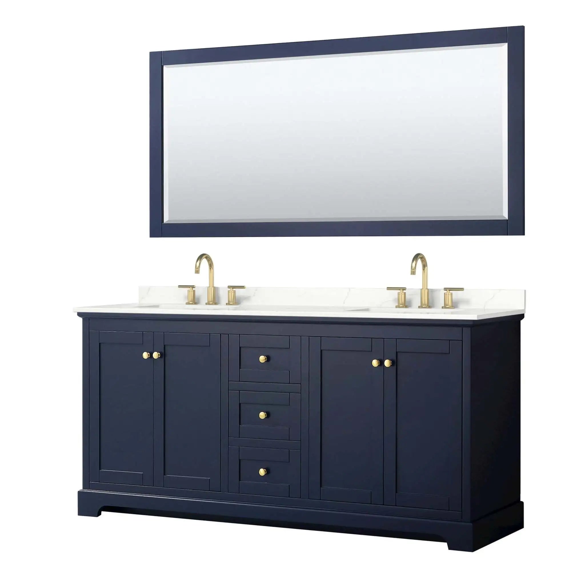 72" Avery Double Bathroom Vanity in Dark Blue with Brushed Gold Trim & 70" Mirror by Wyndham